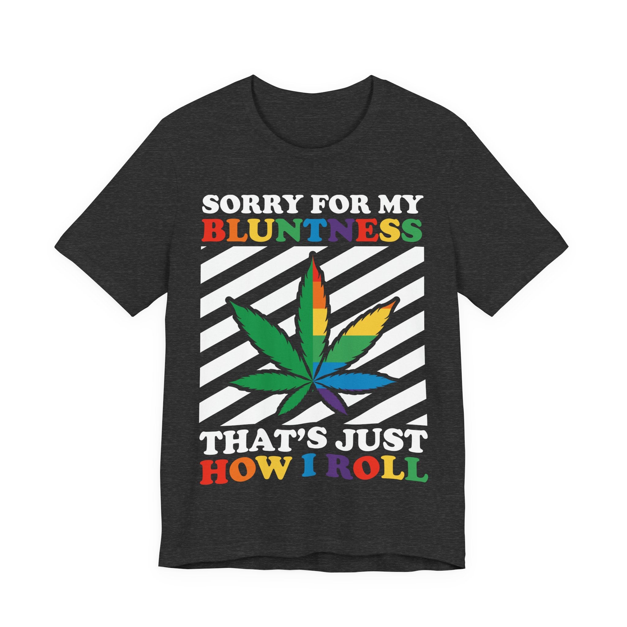 Asphalt t-shirt with rainbow cannabis leaf graphic and text on a white background