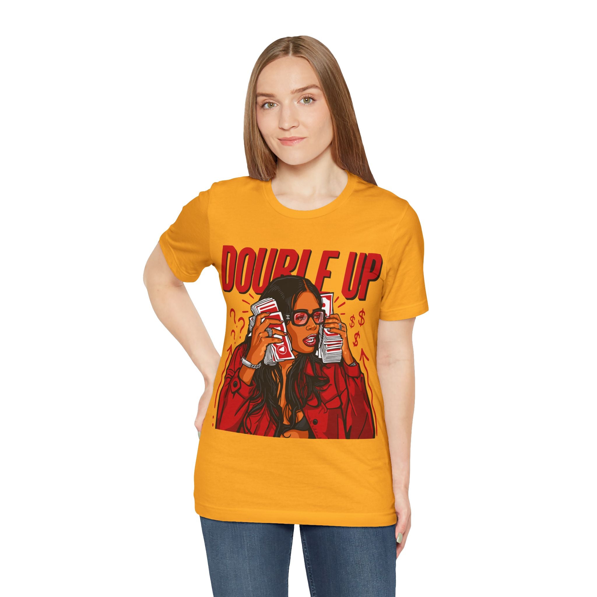 Double Up T-Shirt — Retro Pop Art Woman Holding Cash Graphic Tee