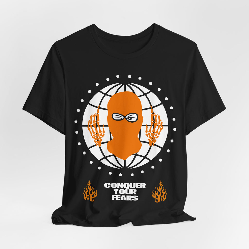 Balaclava Globe Graphic Tee — "Face What Scares You" Streetwear T-Shirt