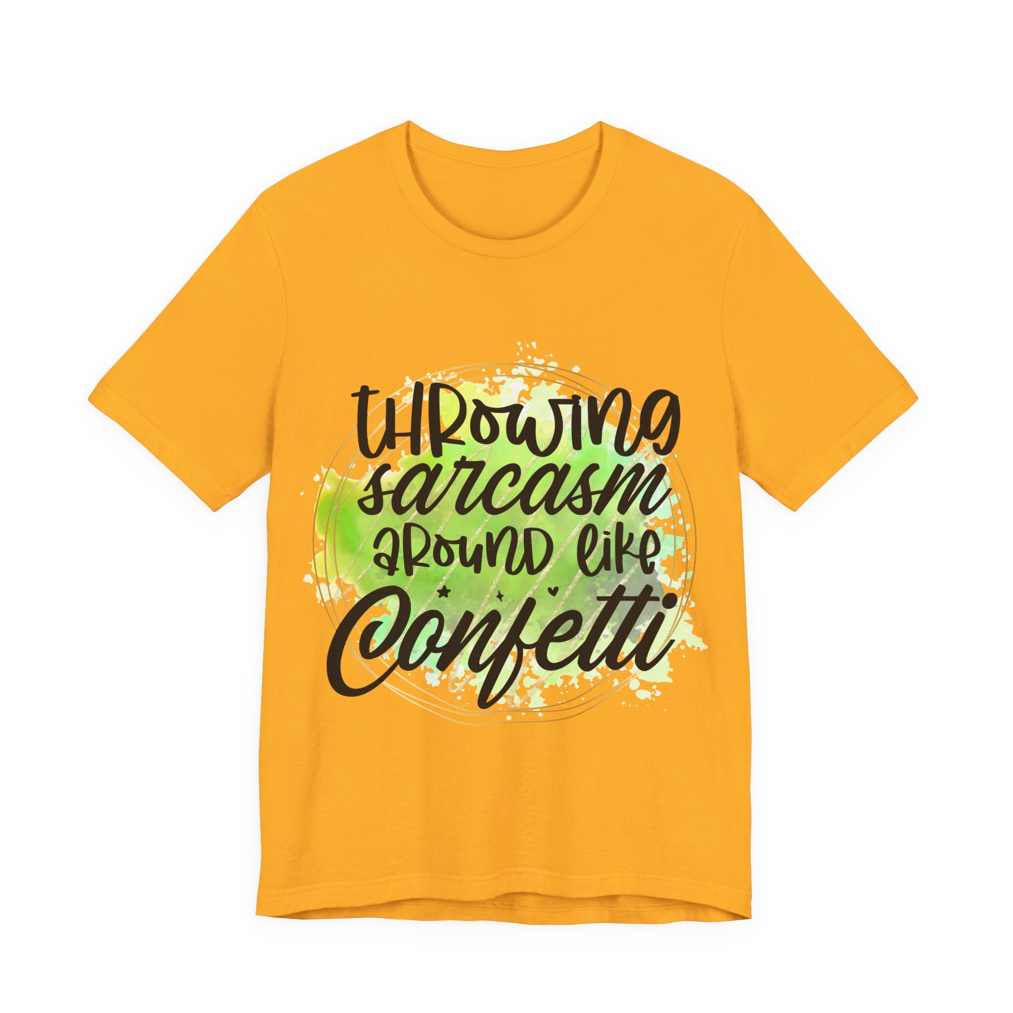 Yellow t-shirt with black text and green design on a white background