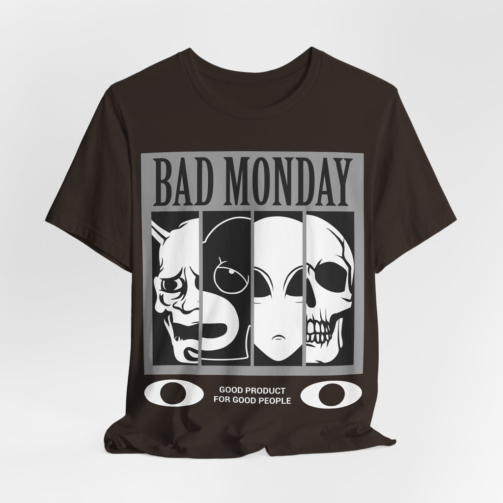 Bad Monday Skull Tee — Gothic Graphic T-Shirt with 'Good Product for Good People' Slogan