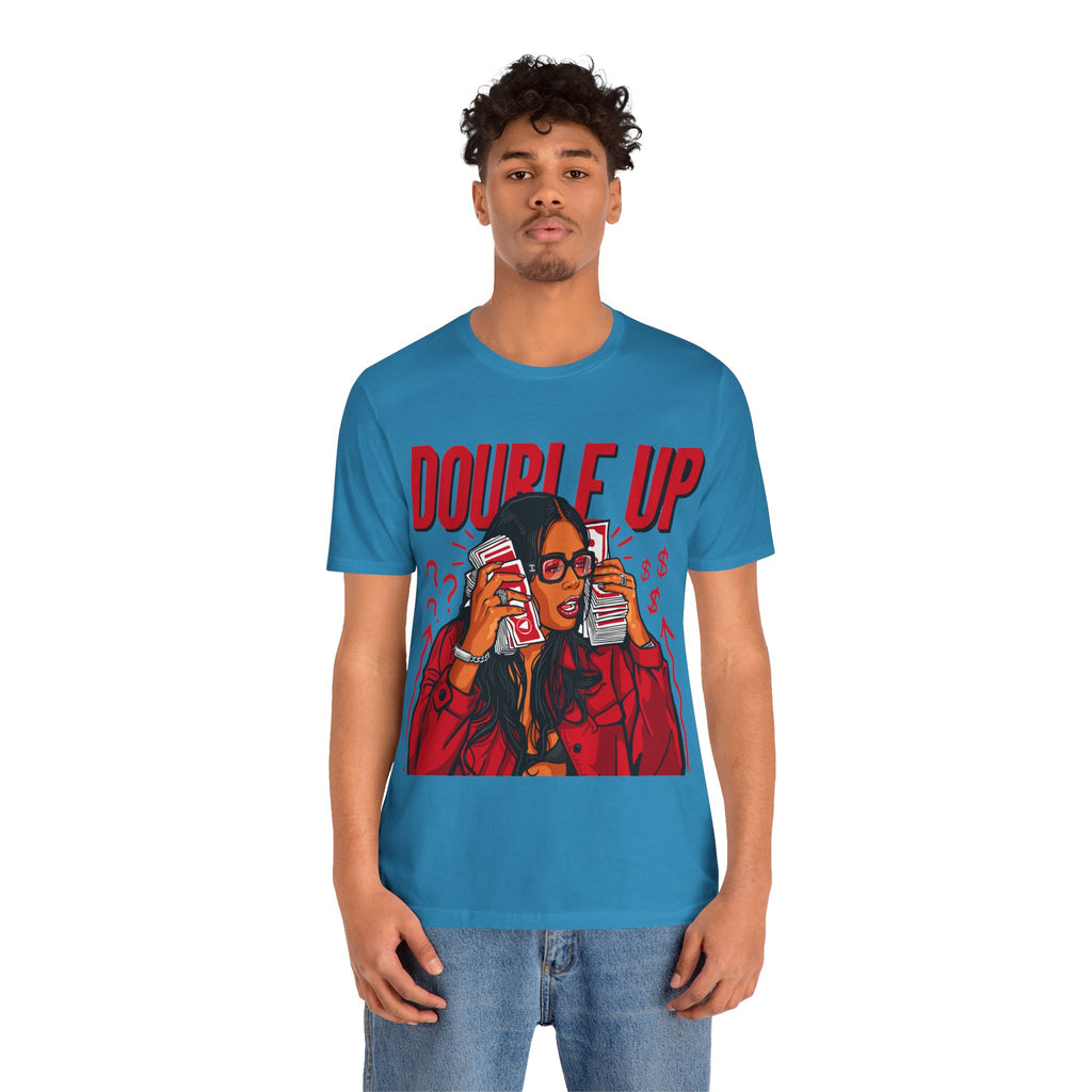 Double Up T-Shirt — Retro Pop Art Woman Holding Cash Graphic Tee