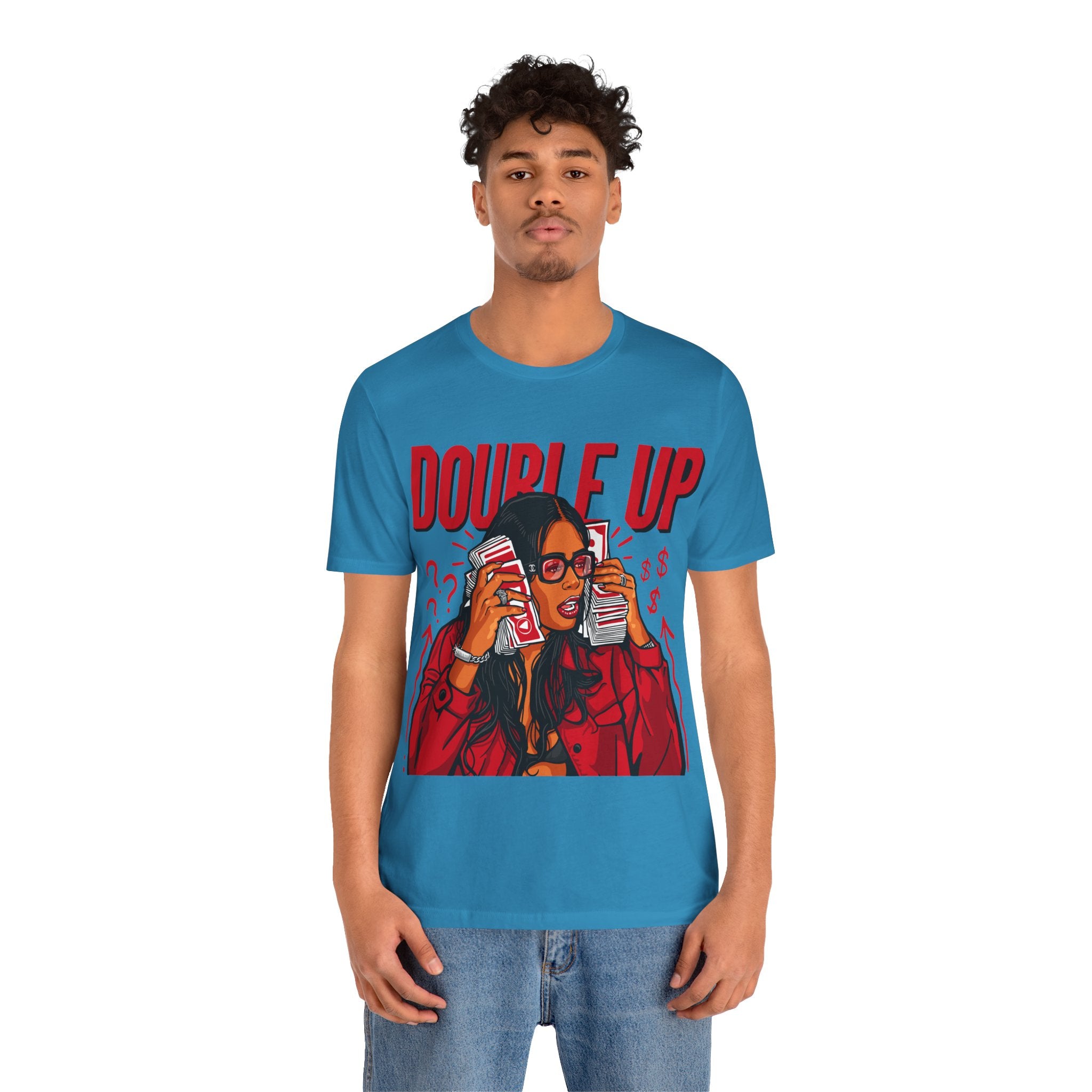 Double Up T-Shirt — Retro Pop Art Woman Holding Cash Graphic Tee