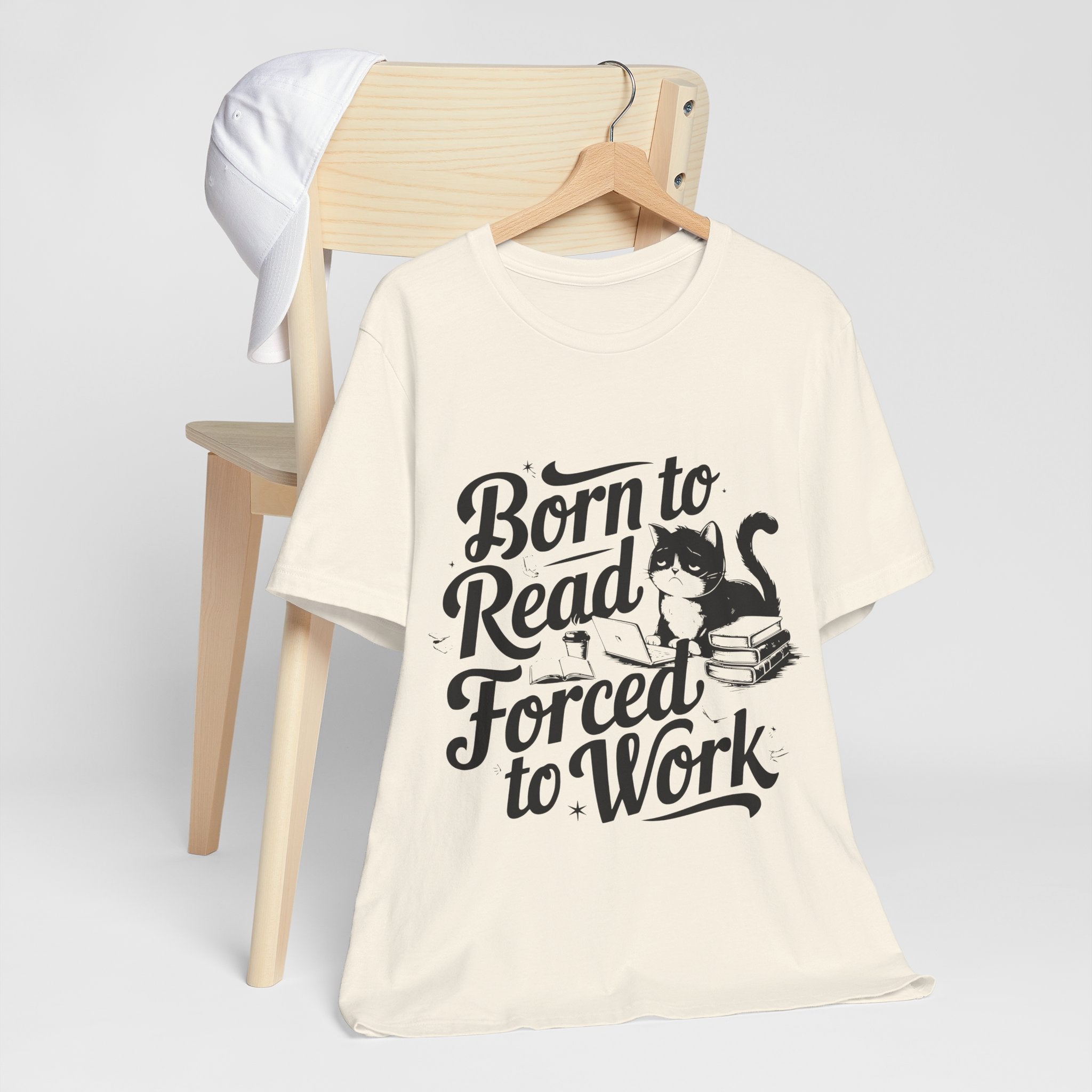 Born to Read Forced to Work Graphic Tee – Cat & Books Reader Shirt
