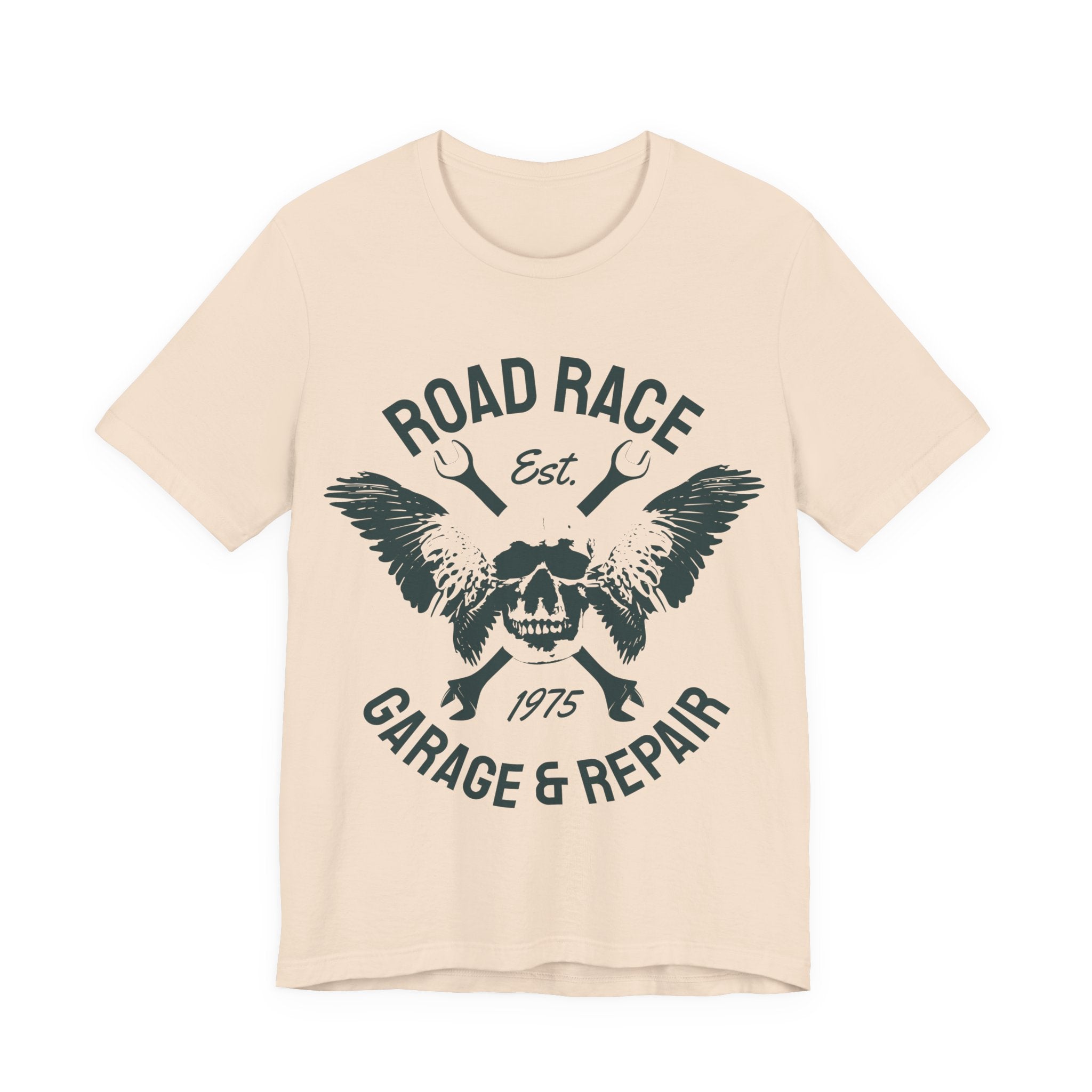 Road Race Garage & Repair Tee — Vintage Motorcycle Skull Mechanics Shirt
