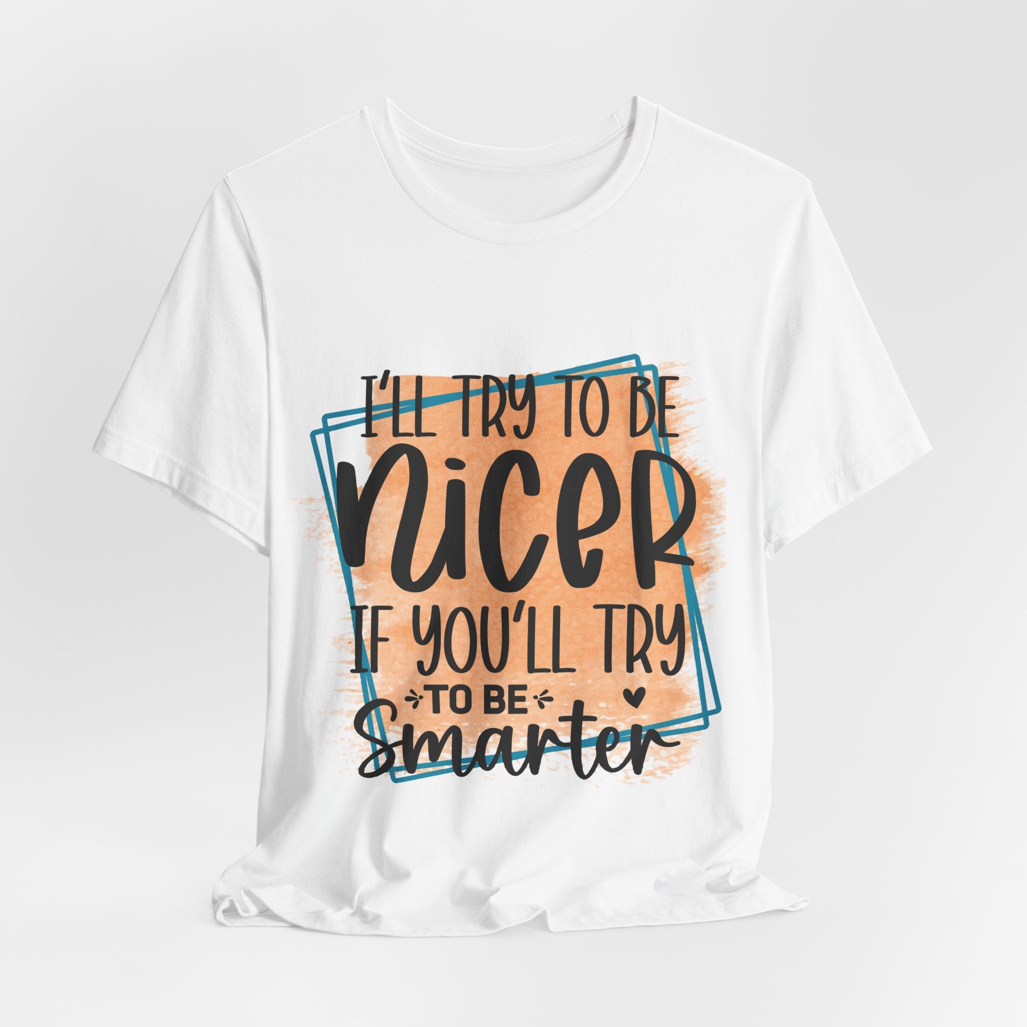 White t-shirt with humorous text design on a light gray background