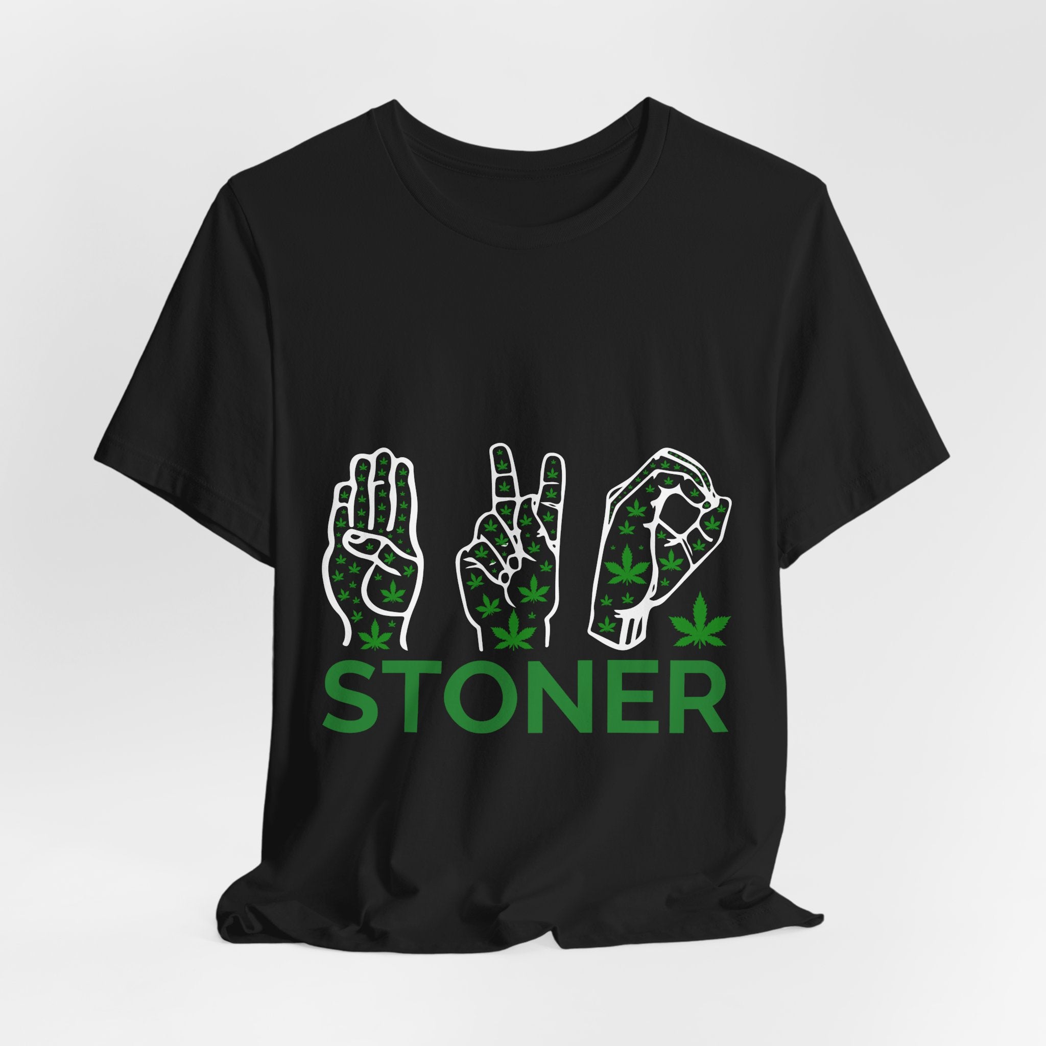 Stoner Hand-Sign Graphic Tee — Playful Green Print on Orange