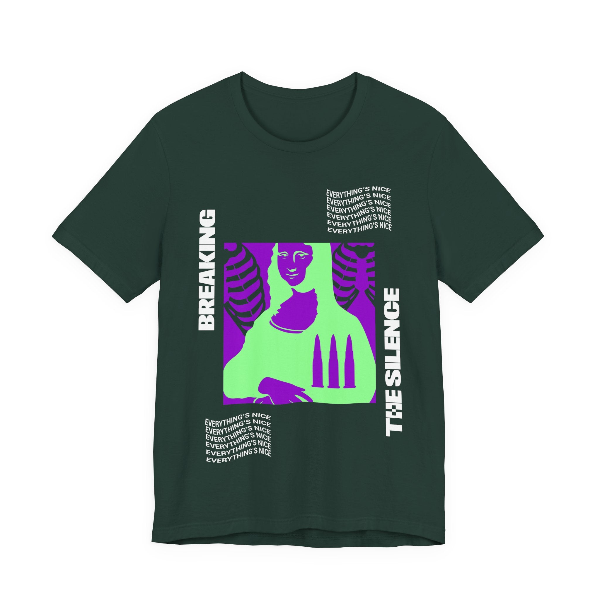 Breaking the Silence Mona Lisa Graphic Tee — Bold Neon Protest Art T-Shirt