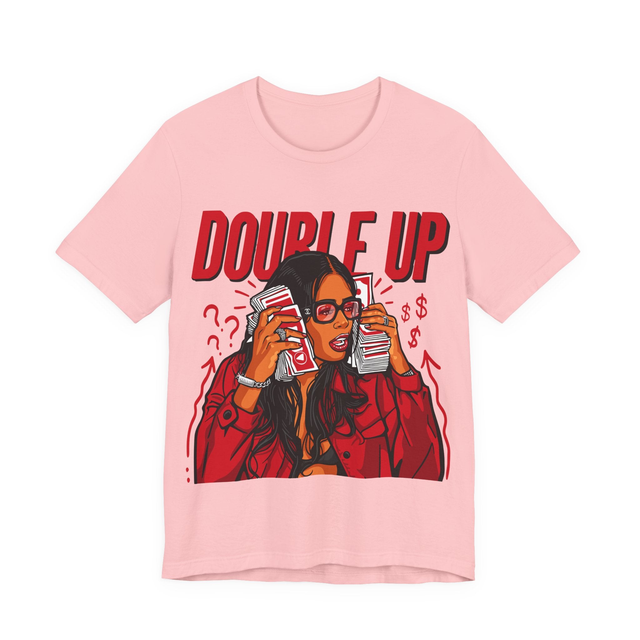 Double Up T-Shirt — Retro Pop Art Woman Holding Cash Graphic Tee