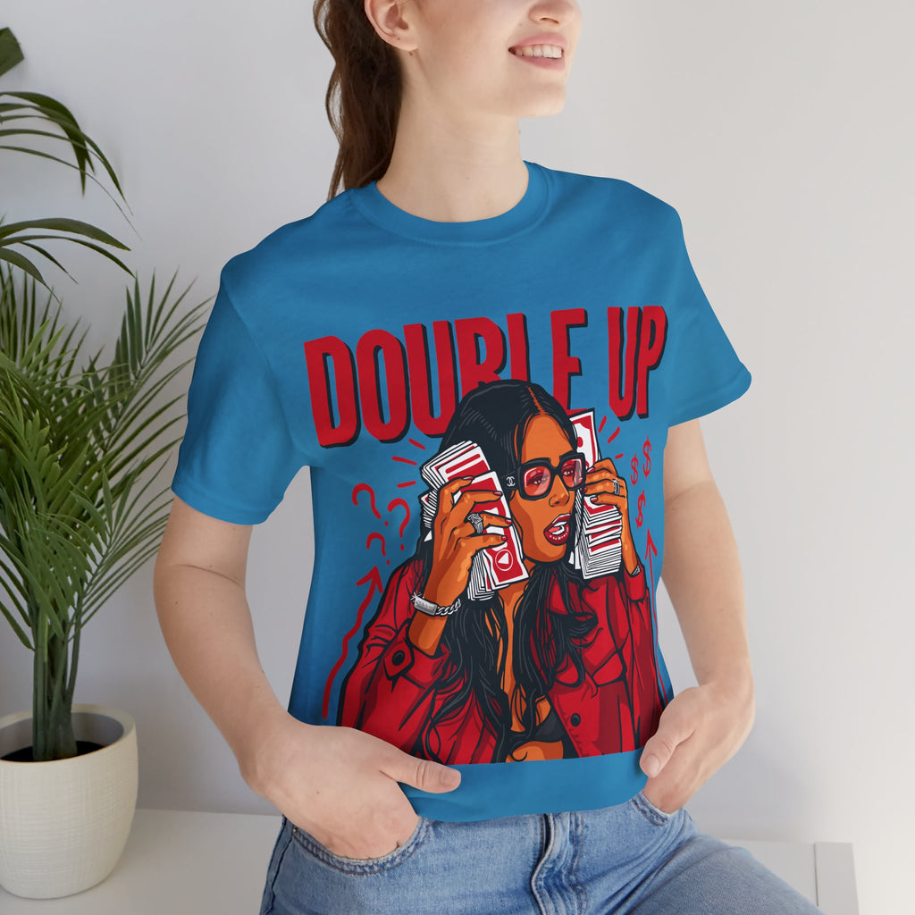 Double Up T-Shirt — Retro Pop Art Woman Holding Cash Graphic Tee