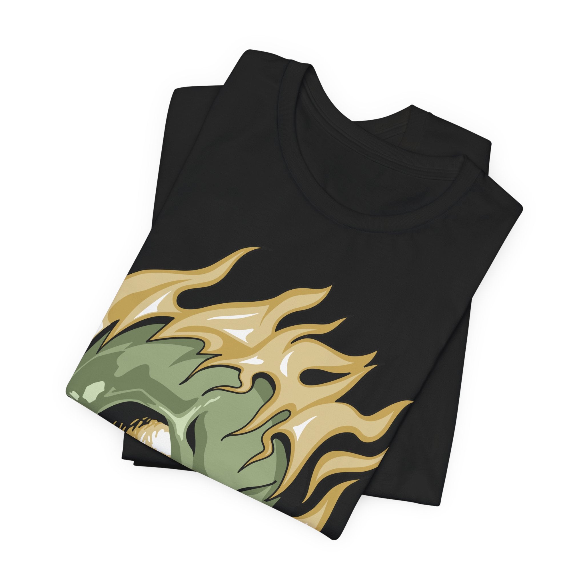 Flaming Green Skull Tee — Gothic Horror Graphic T-Shirt