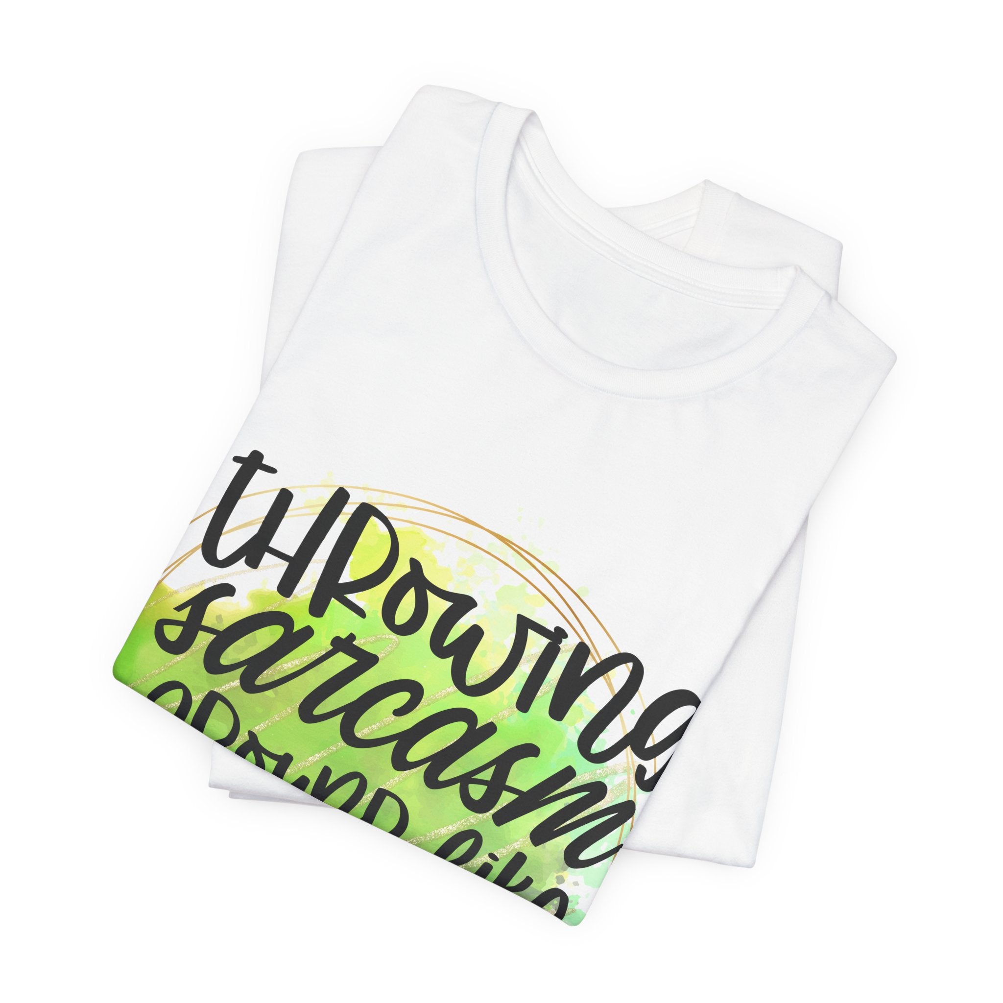 White tank top folded with green and black text on a white background