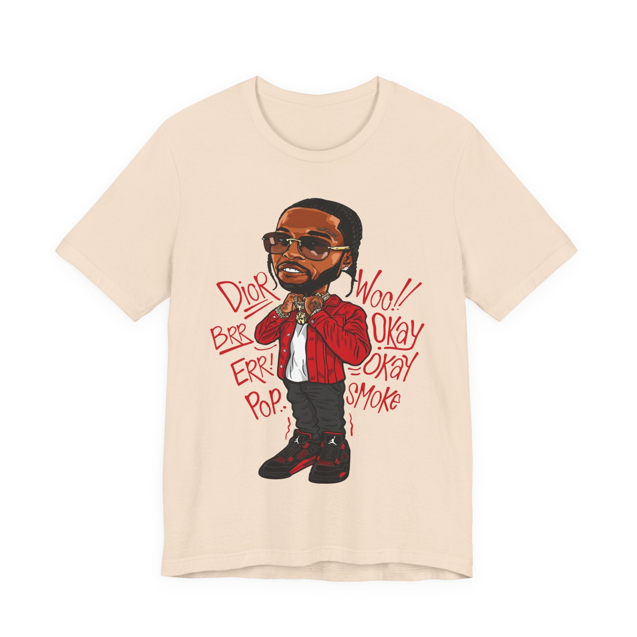 Hip-Hop Cartoon Tee — Red Jacket Rapper Illustration with Lyrics