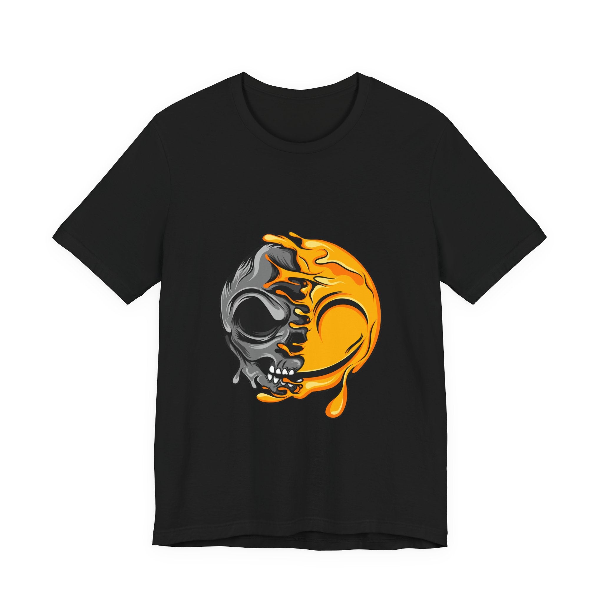 Melting Skull Sun T-Shirt – Half Black Skull, Half Dripping Yellow Sun Graphic Tee