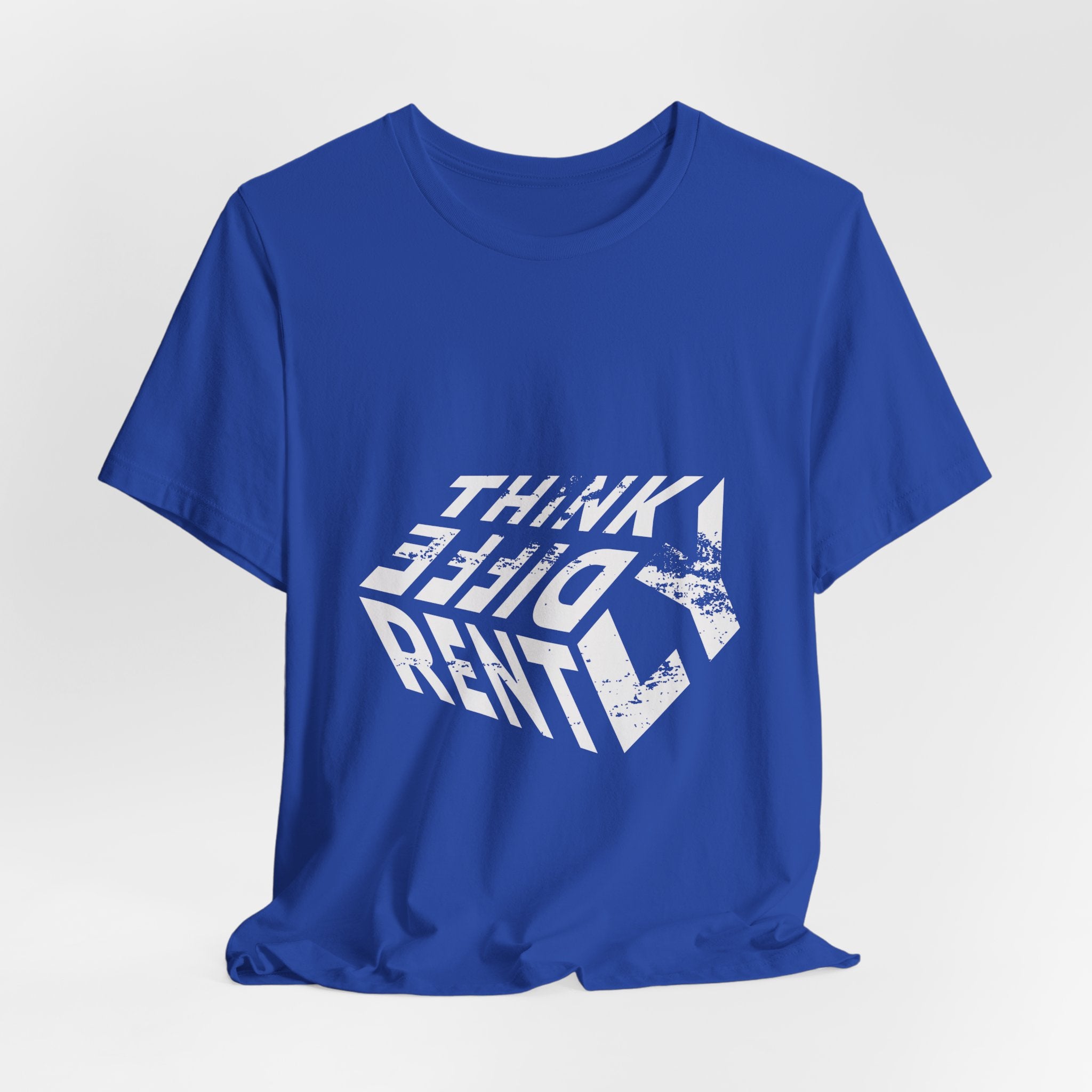 Think Different Twist Tee — Retro Optical Text Graphic T-Shirt