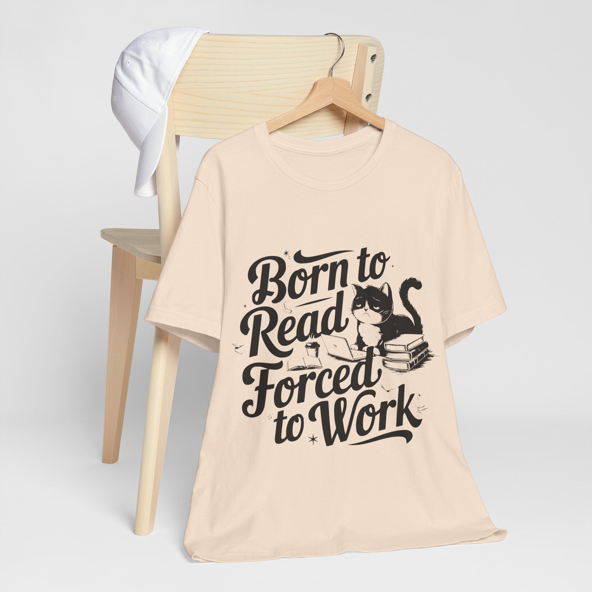 Born to Read Forced to Work Graphic Tee – Cat & Books Reader Shirt