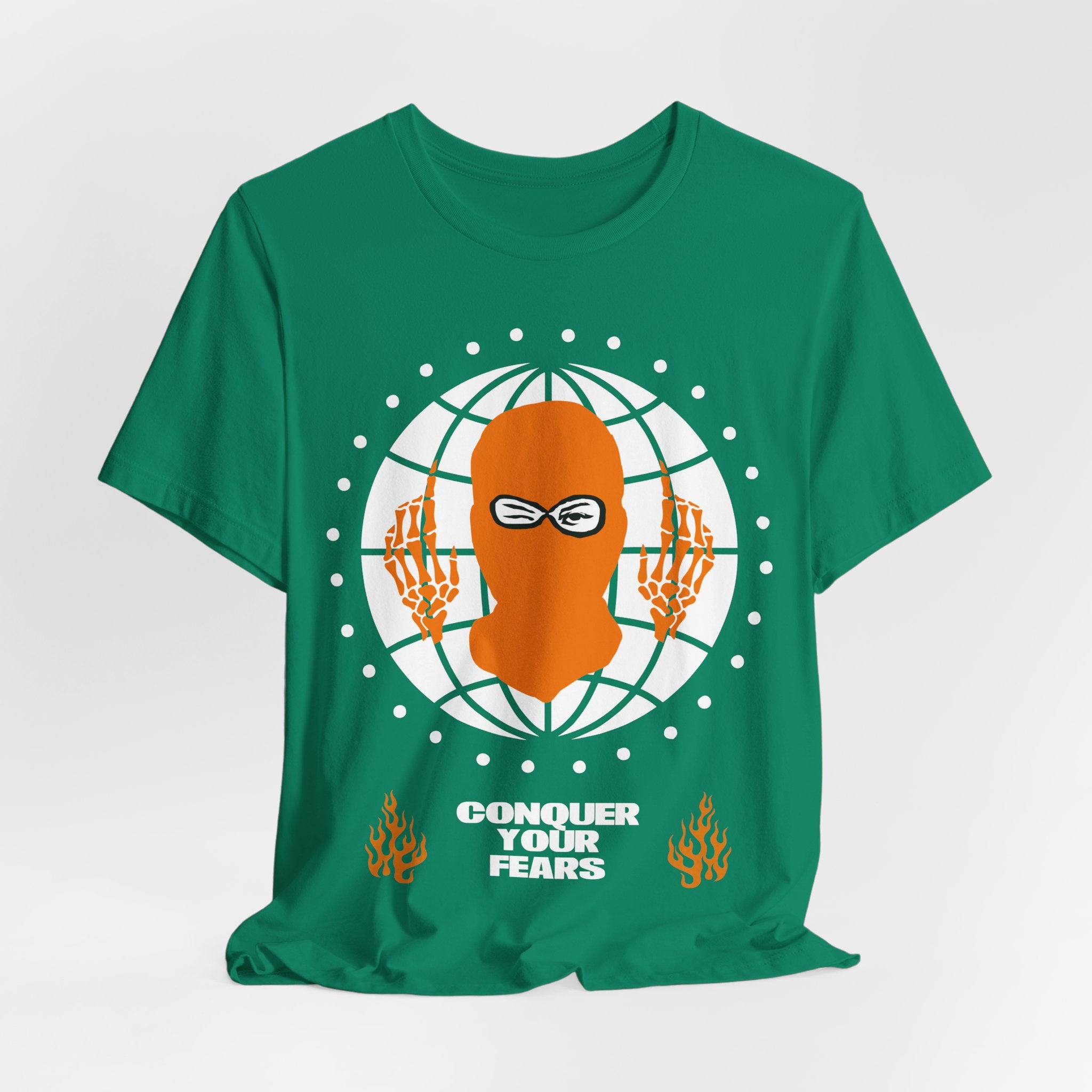 Balaclava Globe Graphic Tee — "Face What Scares You" Streetwear T-Shirt