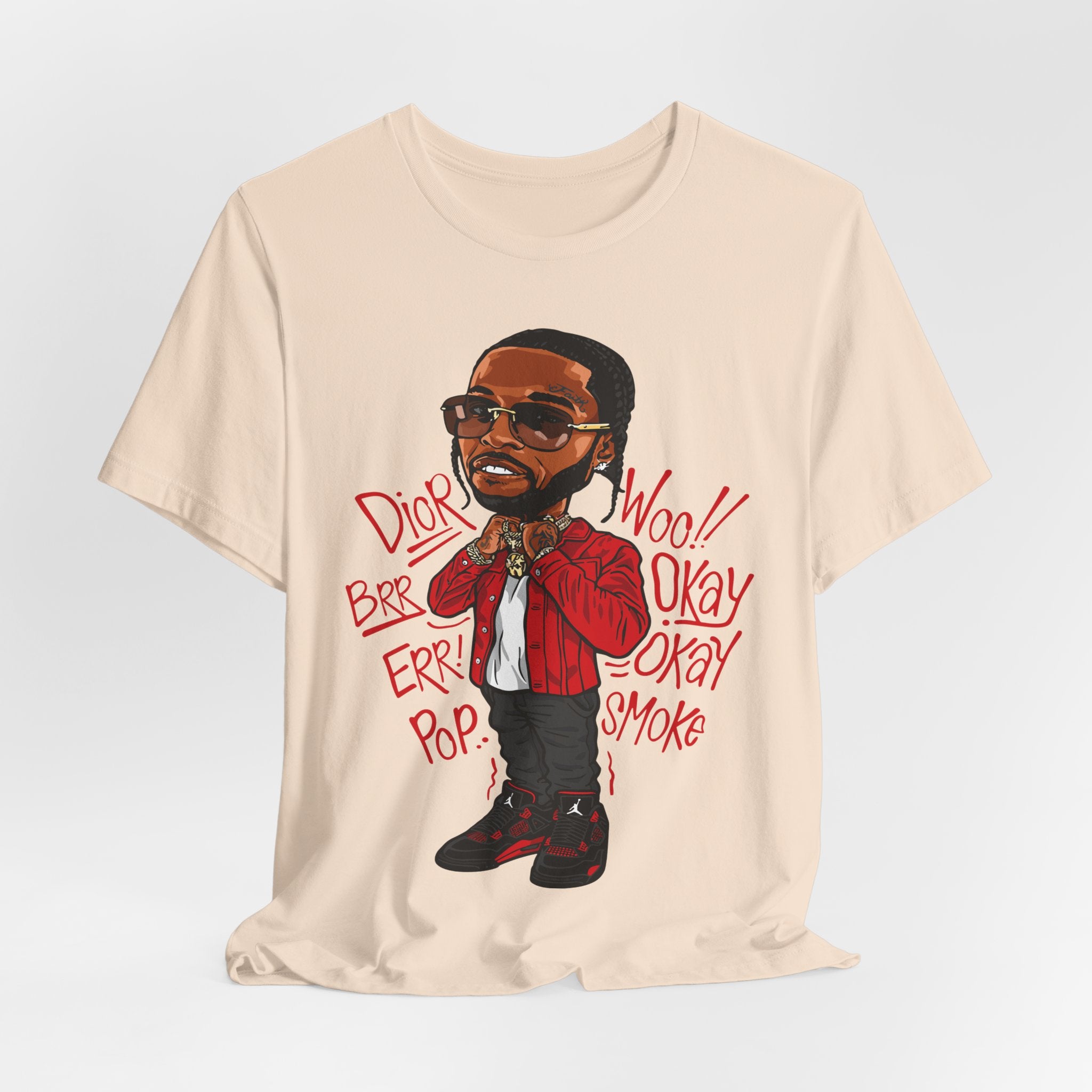 Hip-Hop Cartoon Tee — Red Jacket Rapper Illustration with Lyrics