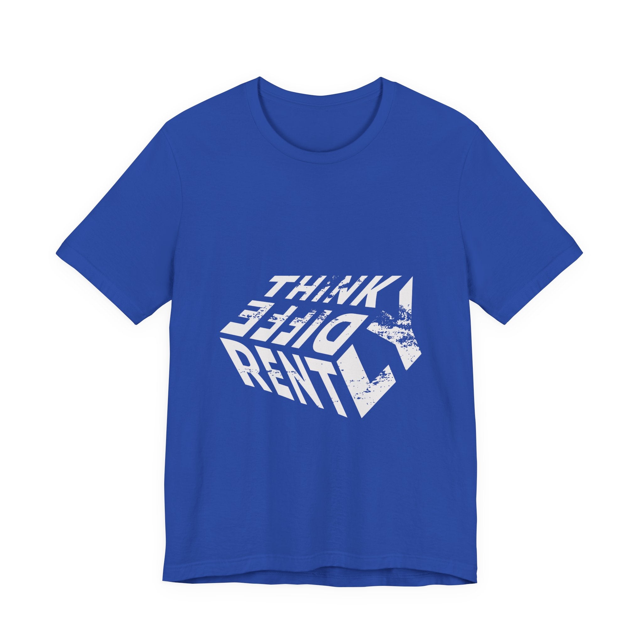 Think Different Twist Tee — Retro Optical Text Graphic T-Shirt