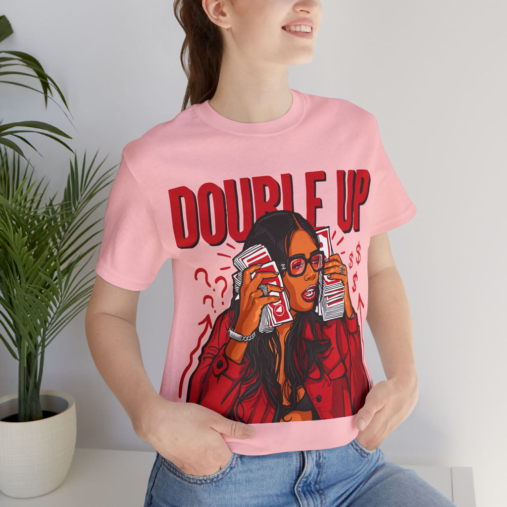 Double Up T-Shirt — Retro Pop Art Woman Holding Cash Graphic Tee