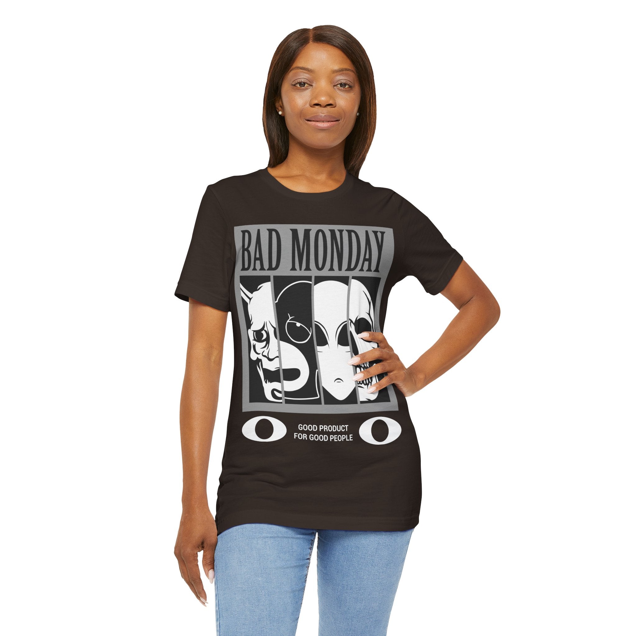 Bad Monday Skull Tee — Gothic Graphic T-Shirt with 'Good Product for Good People' Slogan