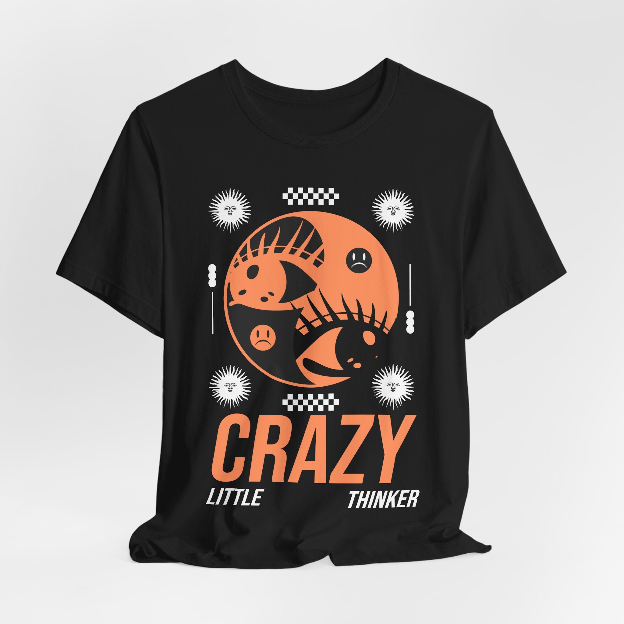 Black t-shirt with orange graphic design and text on a white background