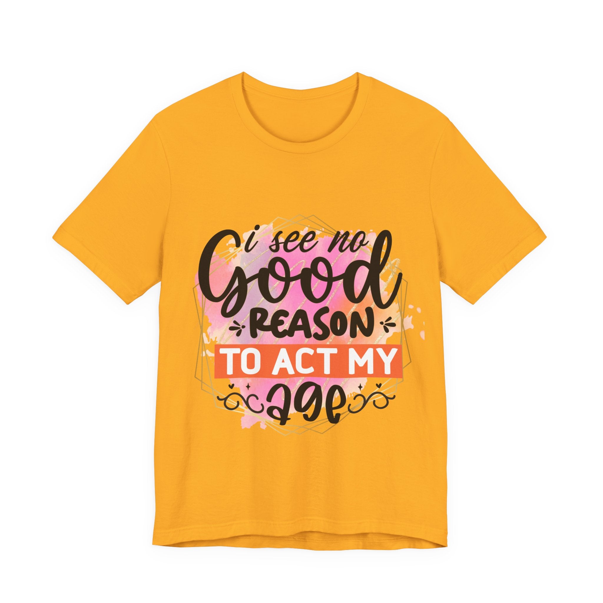 Yellow t-shirt with colorful text design on a white background
