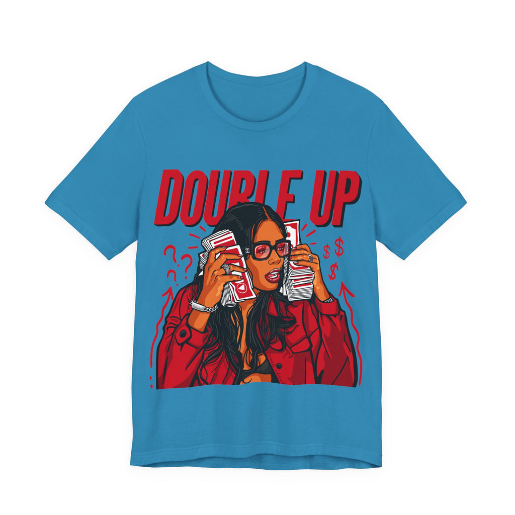 Double Up T-Shirt — Retro Pop Art Woman Holding Cash Graphic Tee