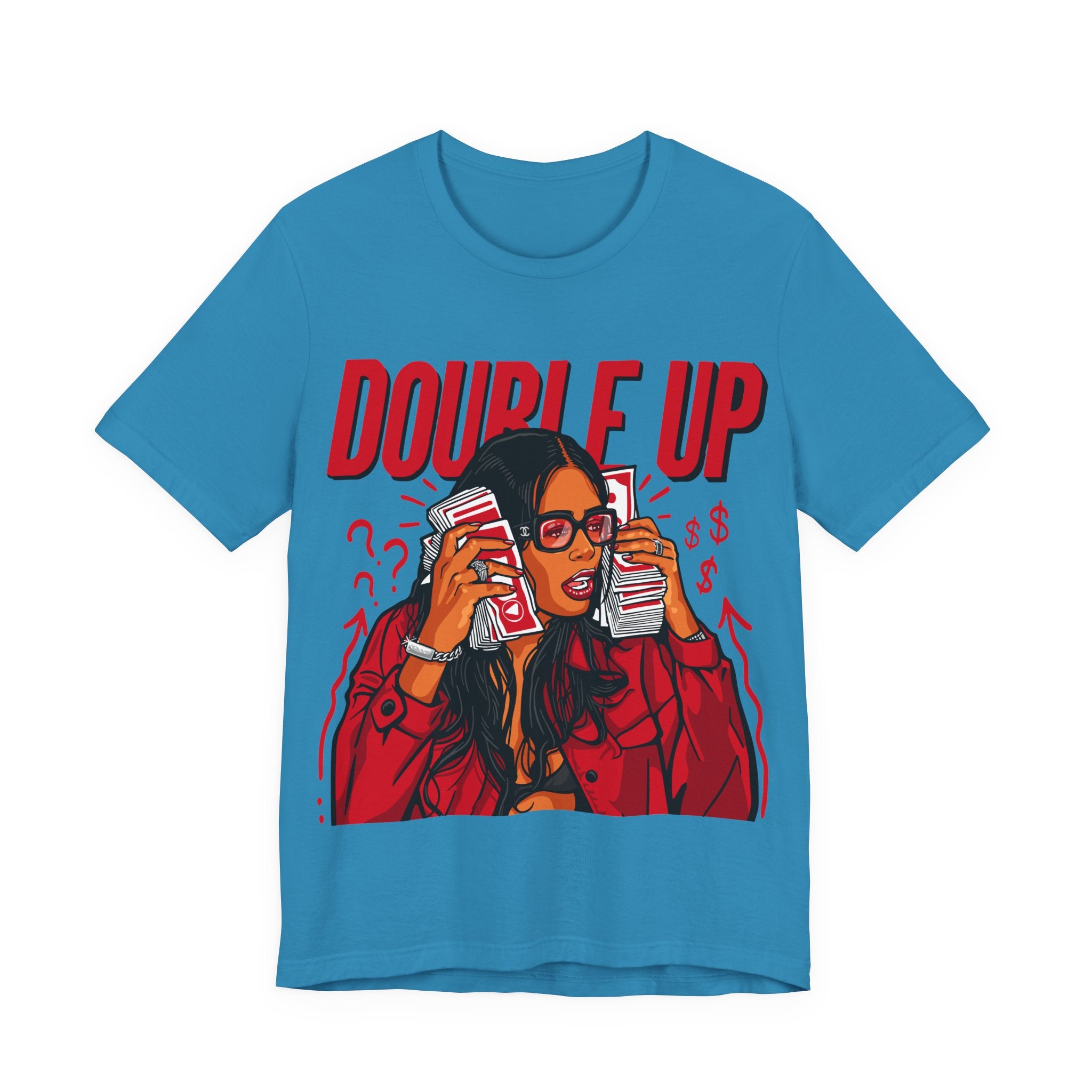 Double Up T-Shirt — Retro Pop Art Woman Holding Cash Graphic Tee