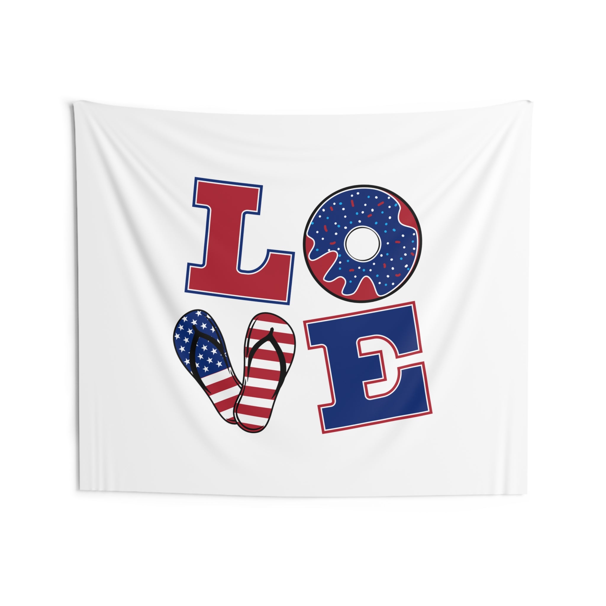 Patriotic LOVE Wall Tapestry — Americana Donut & Flag Heart Indoor Decor