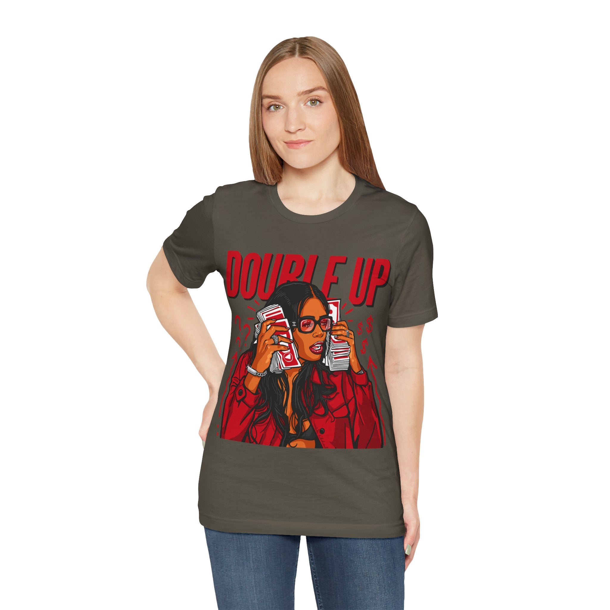 Double Up T-Shirt — Retro Pop Art Woman Holding Cash Graphic Tee