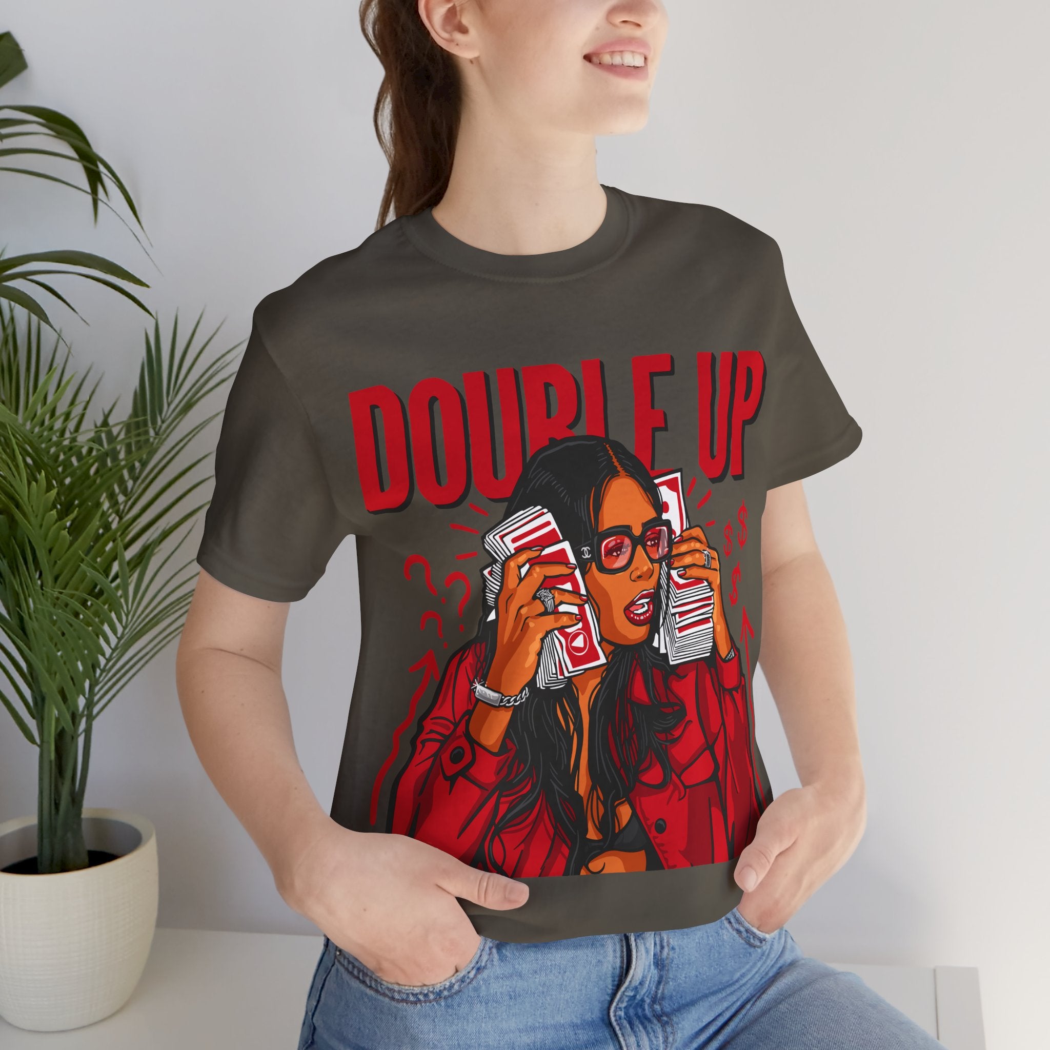 Double Up T-Shirt — Retro Pop Art Woman Holding Cash Graphic Tee