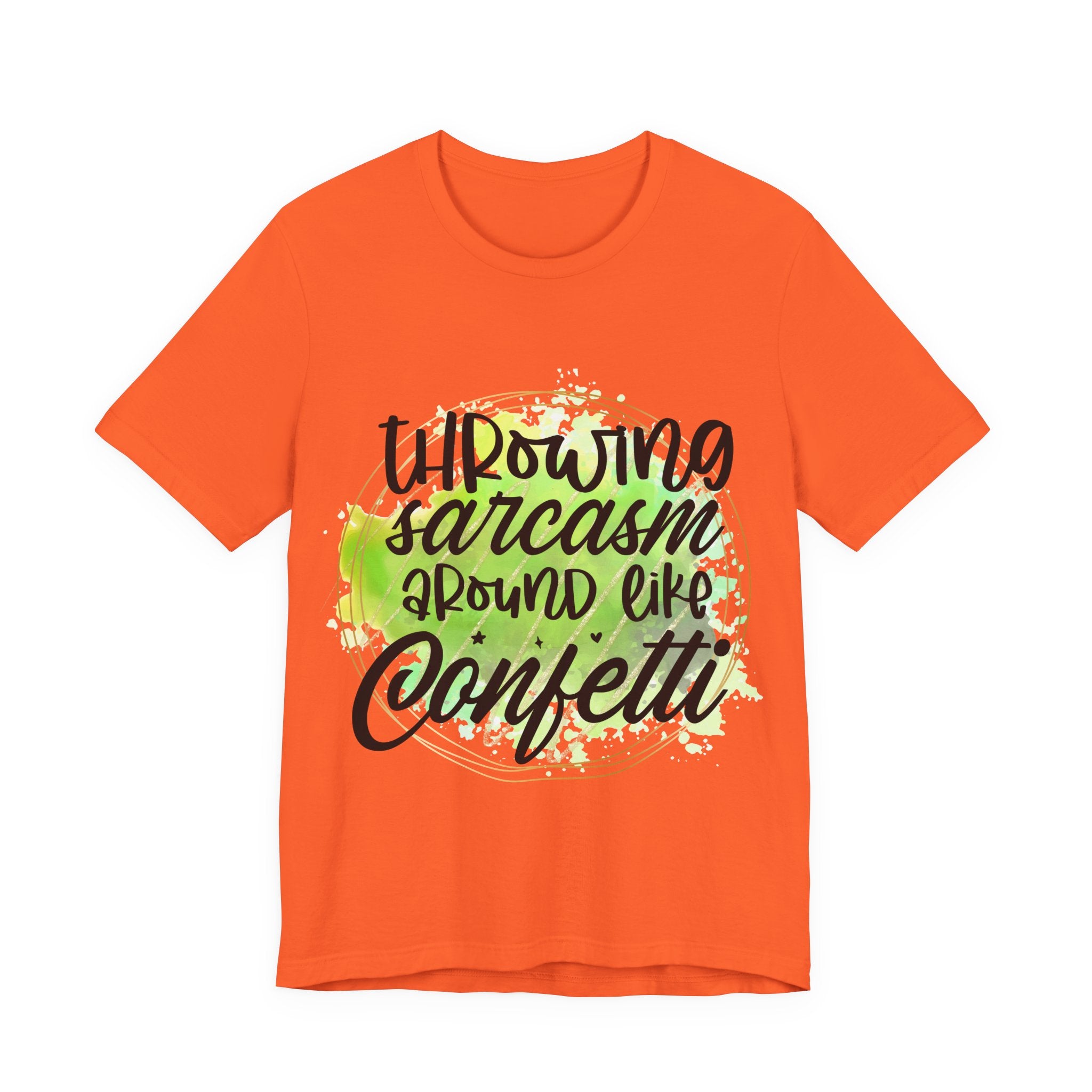 Orange t-shirt with black and green text on a white background