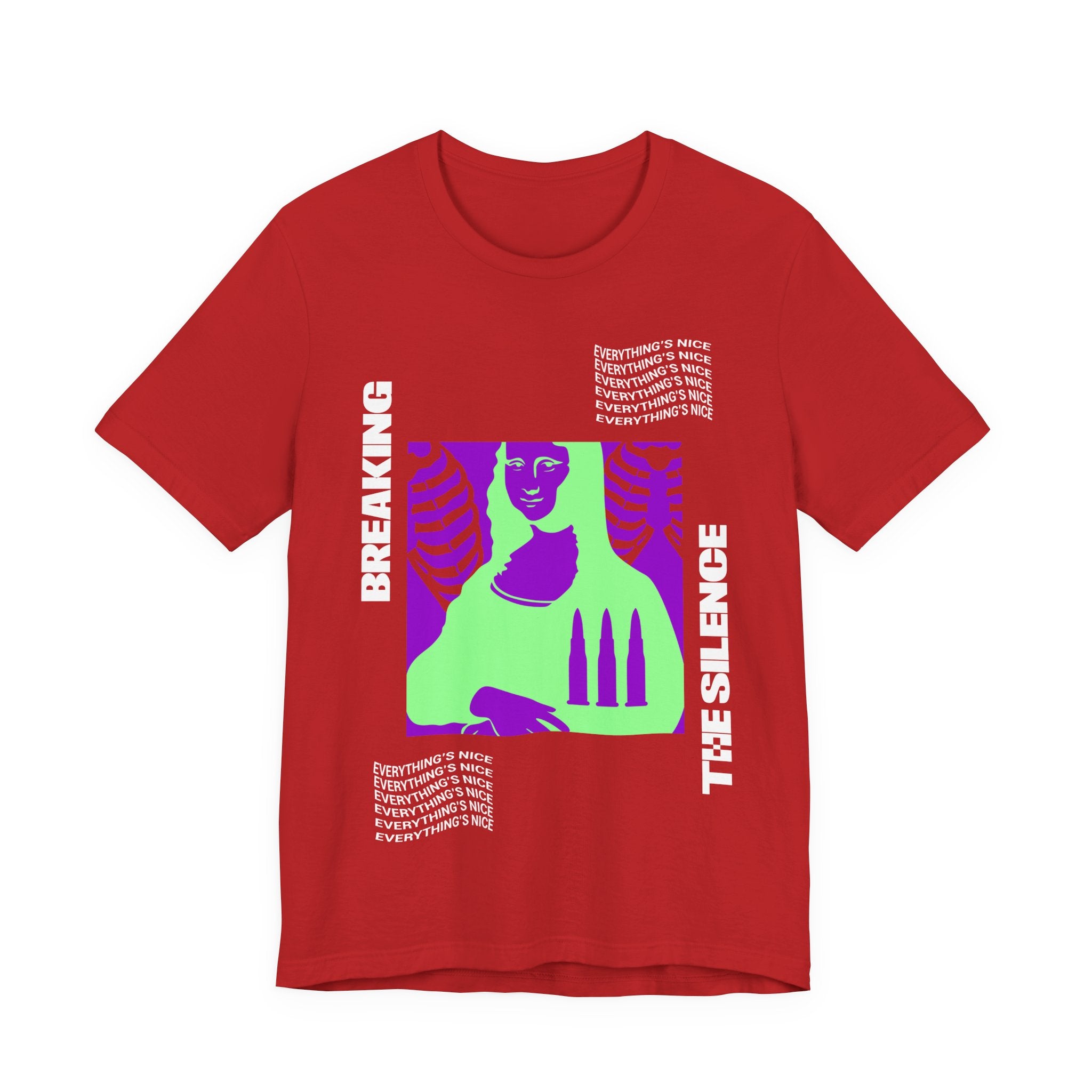Breaking the Silence Mona Lisa Graphic Tee — Bold Neon Protest Art T-Shirt