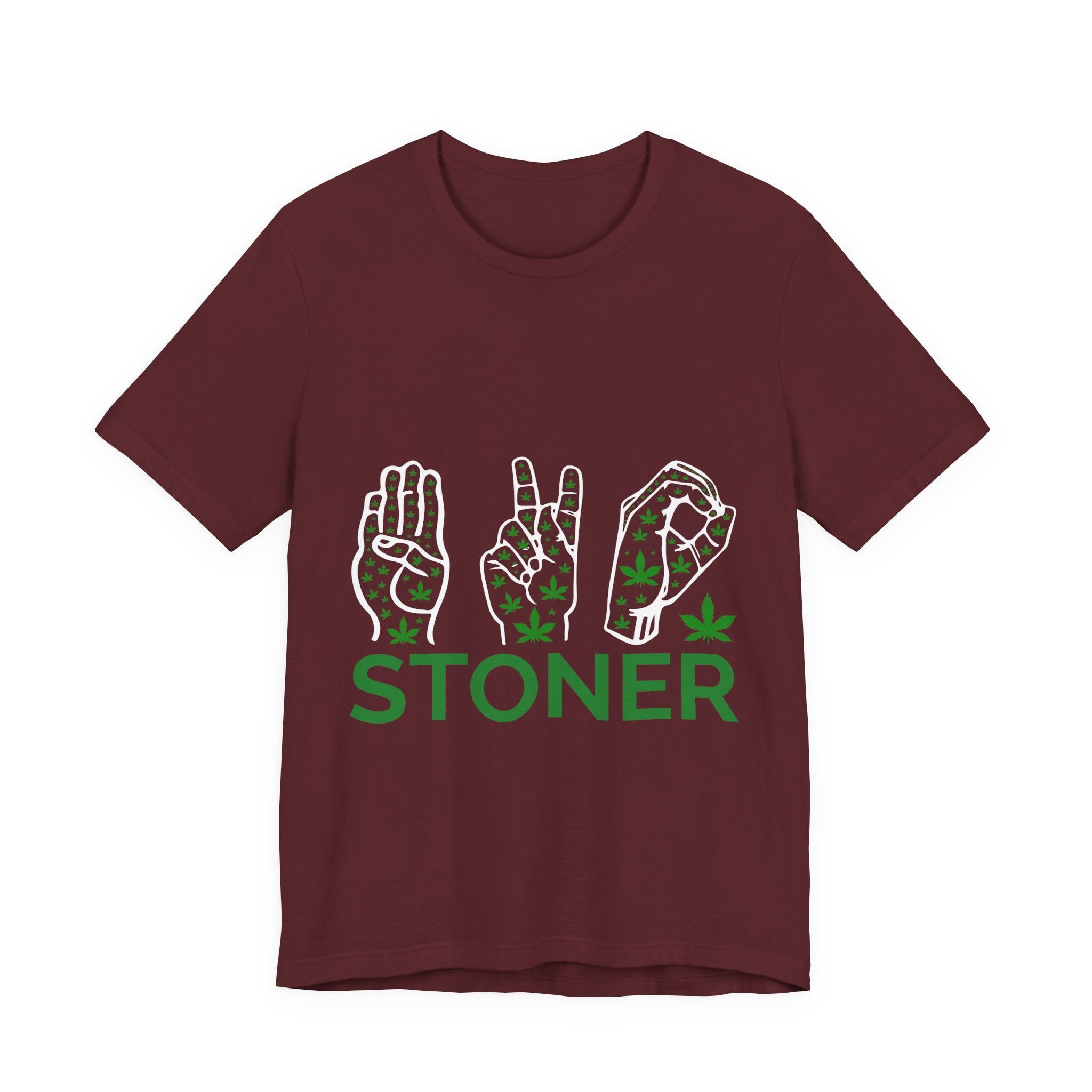 Stoner Hand-Sign Graphic Tee — Playful Green Print on Orange