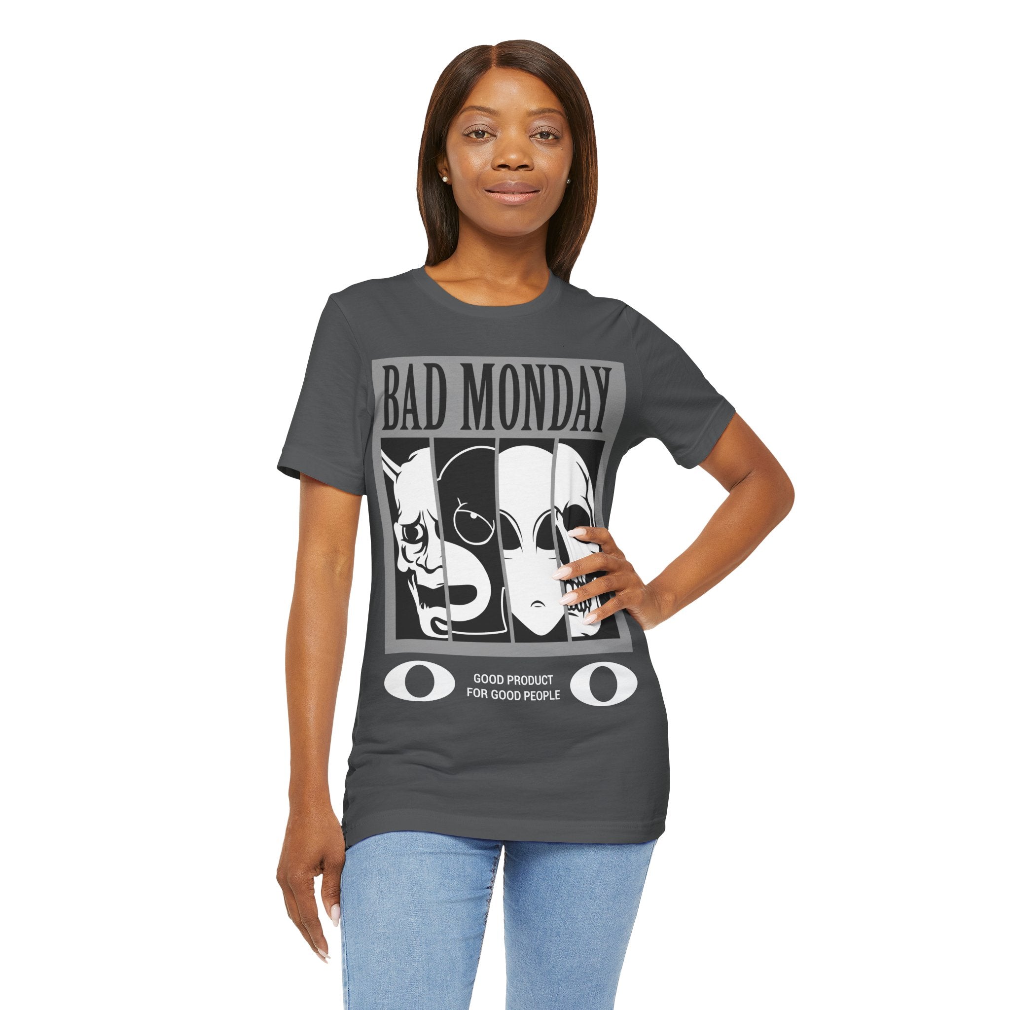 Bad Monday Skull Tee — Gothic Graphic T-Shirt with 'Good Product for Good People' Slogan