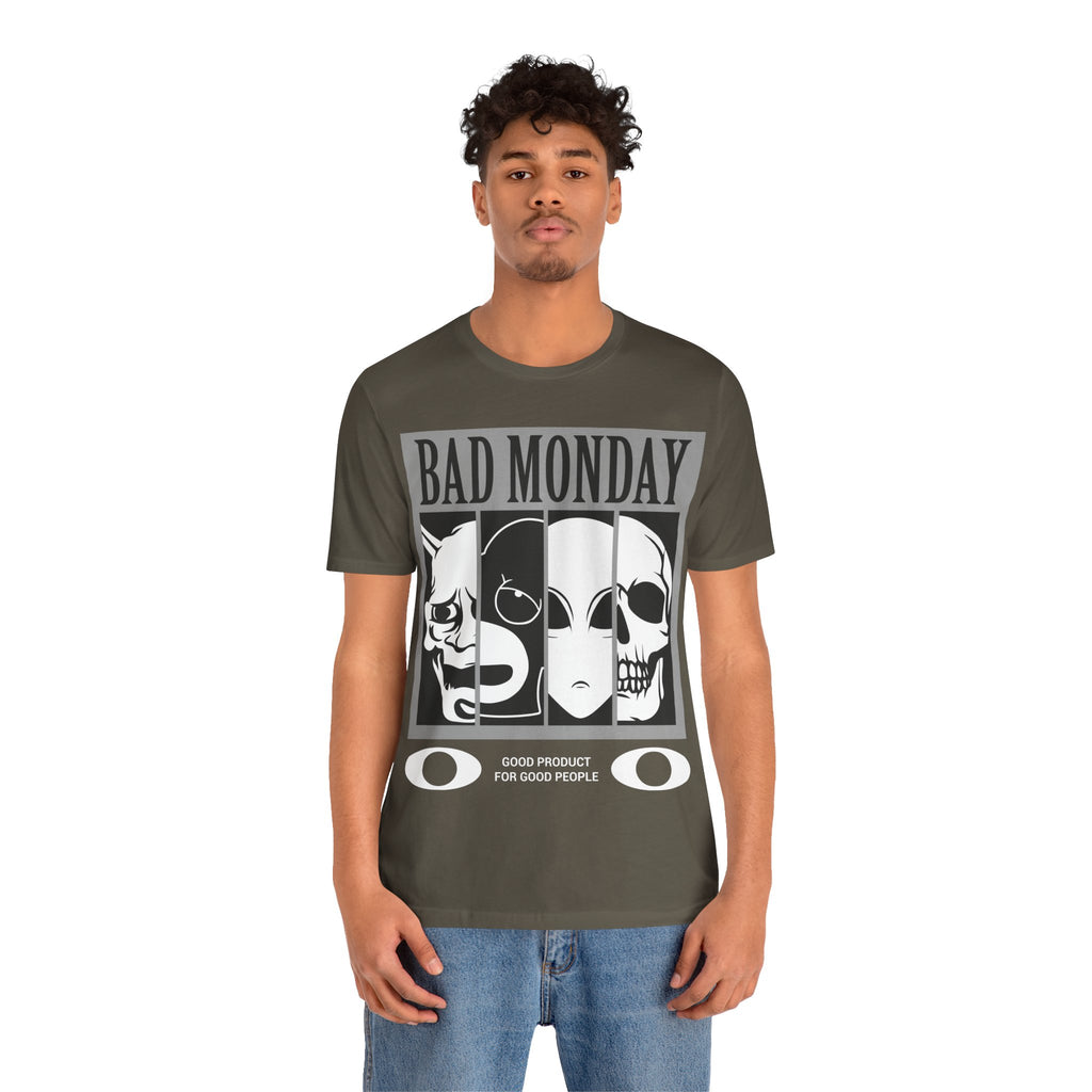 Bad Monday Skull Tee — Gothic Graphic T-Shirt with 'Good Product for Good People' Slogan