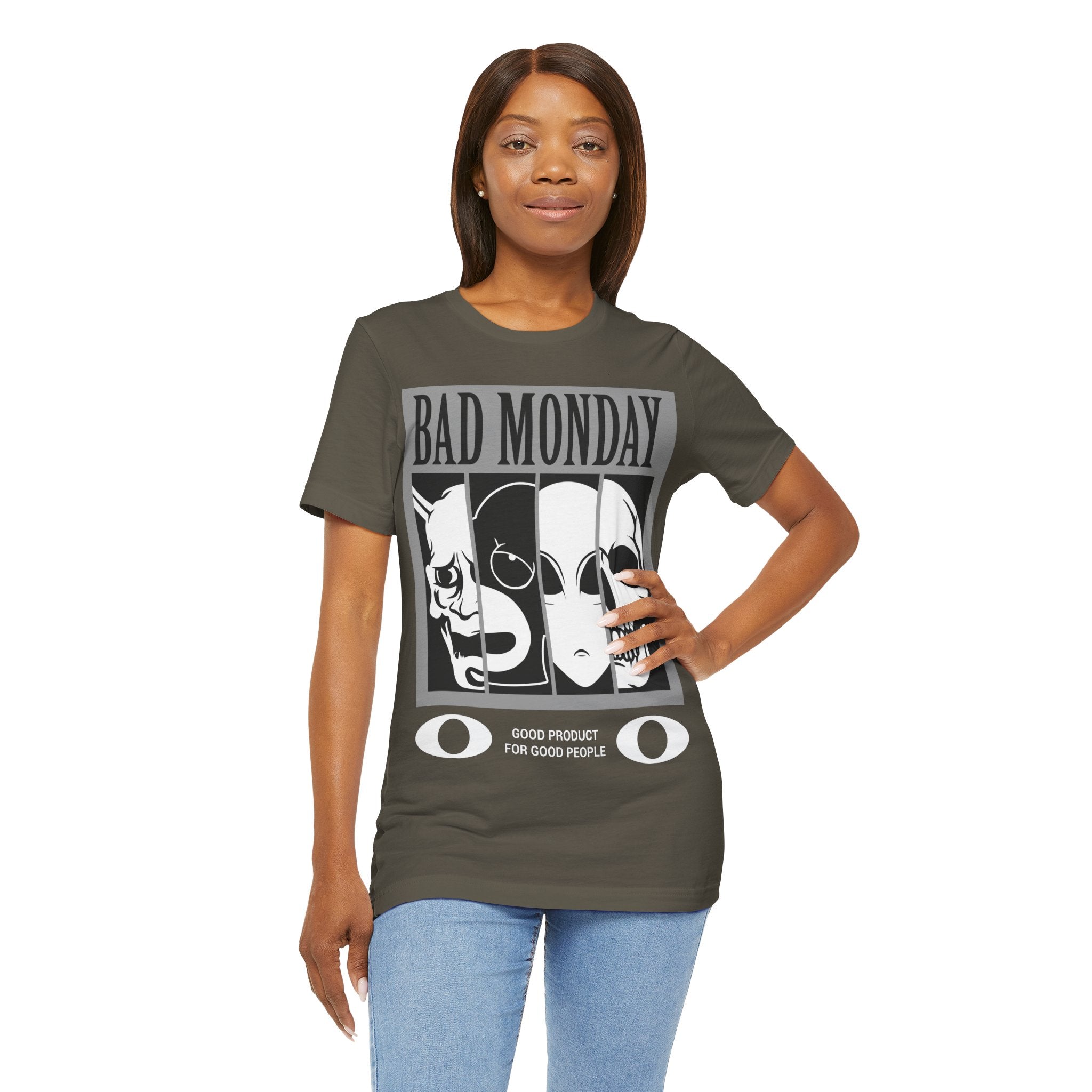 Bad Monday Skull Tee — Gothic Graphic T-Shirt with 'Good Product for Good People' Slogan