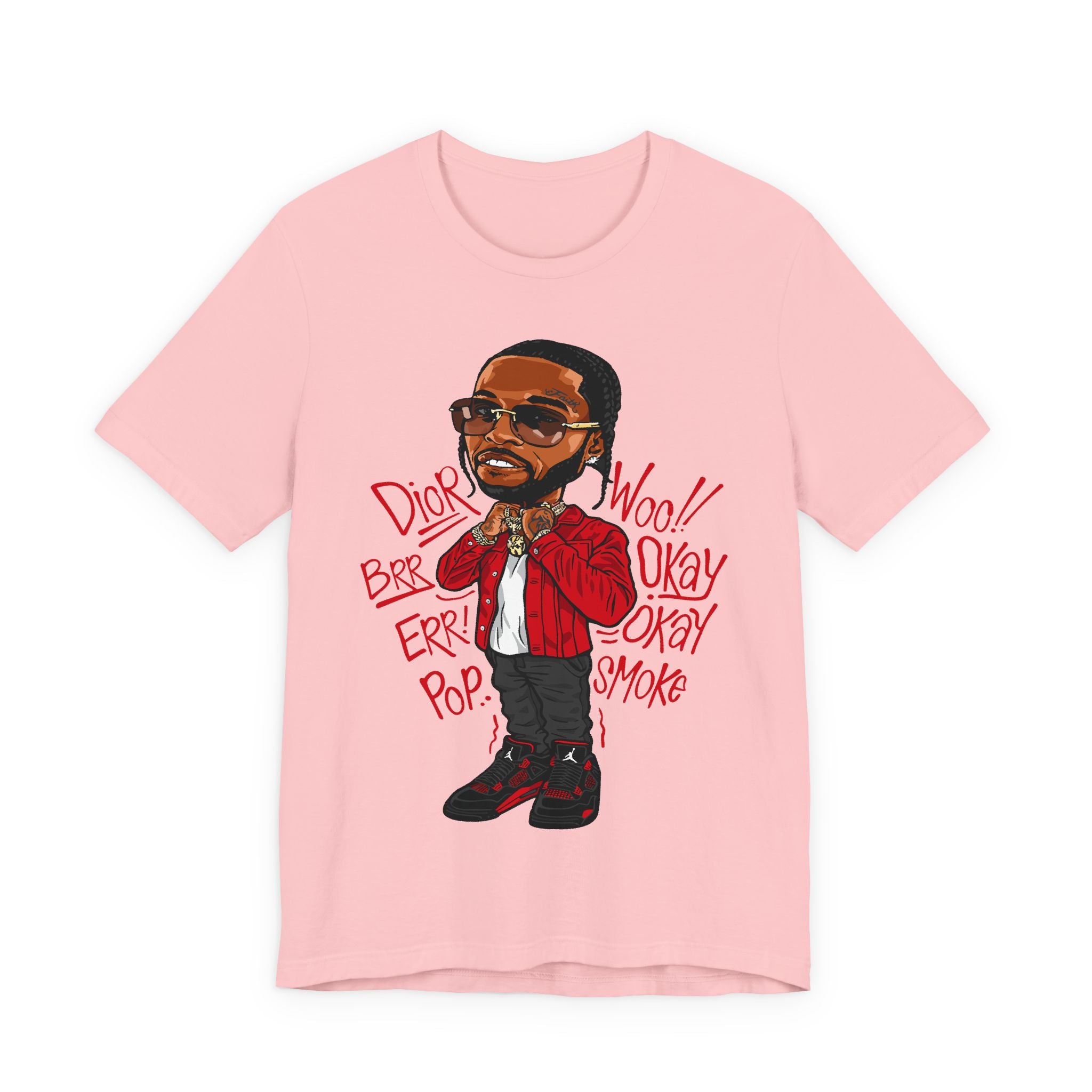Hip-Hop Cartoon Tee — Red Jacket Rapper Illustration with Lyrics