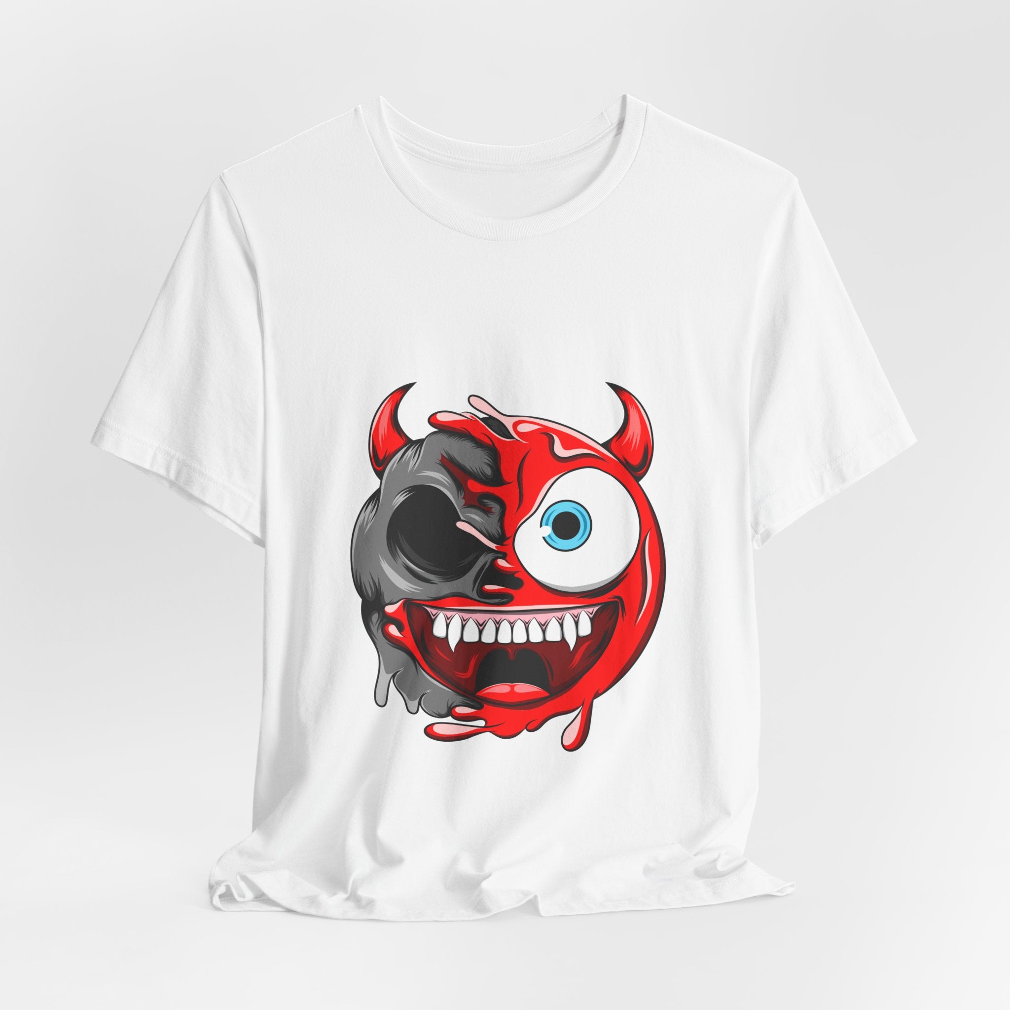 Devil Emoji Face T-Shirt — Creepy Red Split Skull Graphic Tee