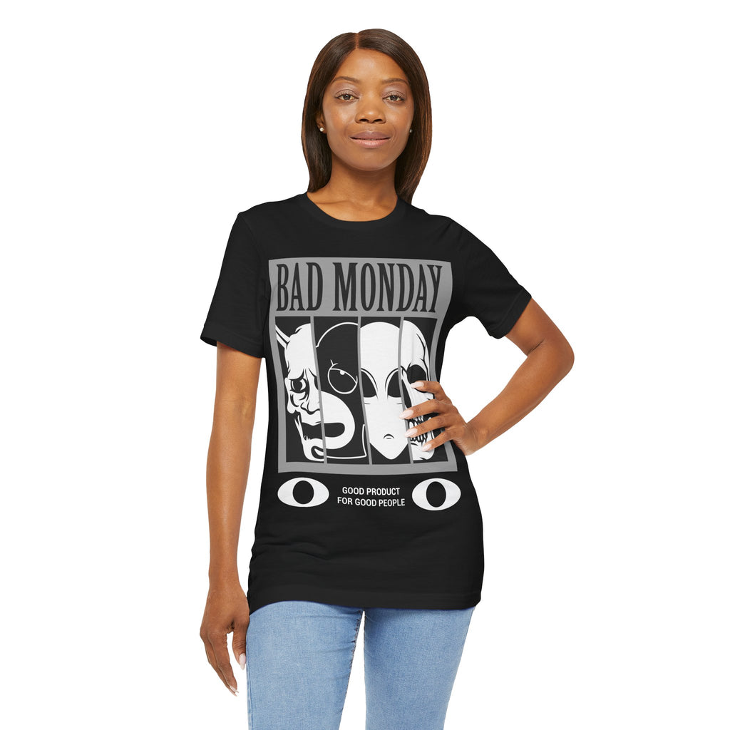 Bad Monday Skull Tee — Gothic Graphic T-Shirt with 'Good Product for Good People' Slogan