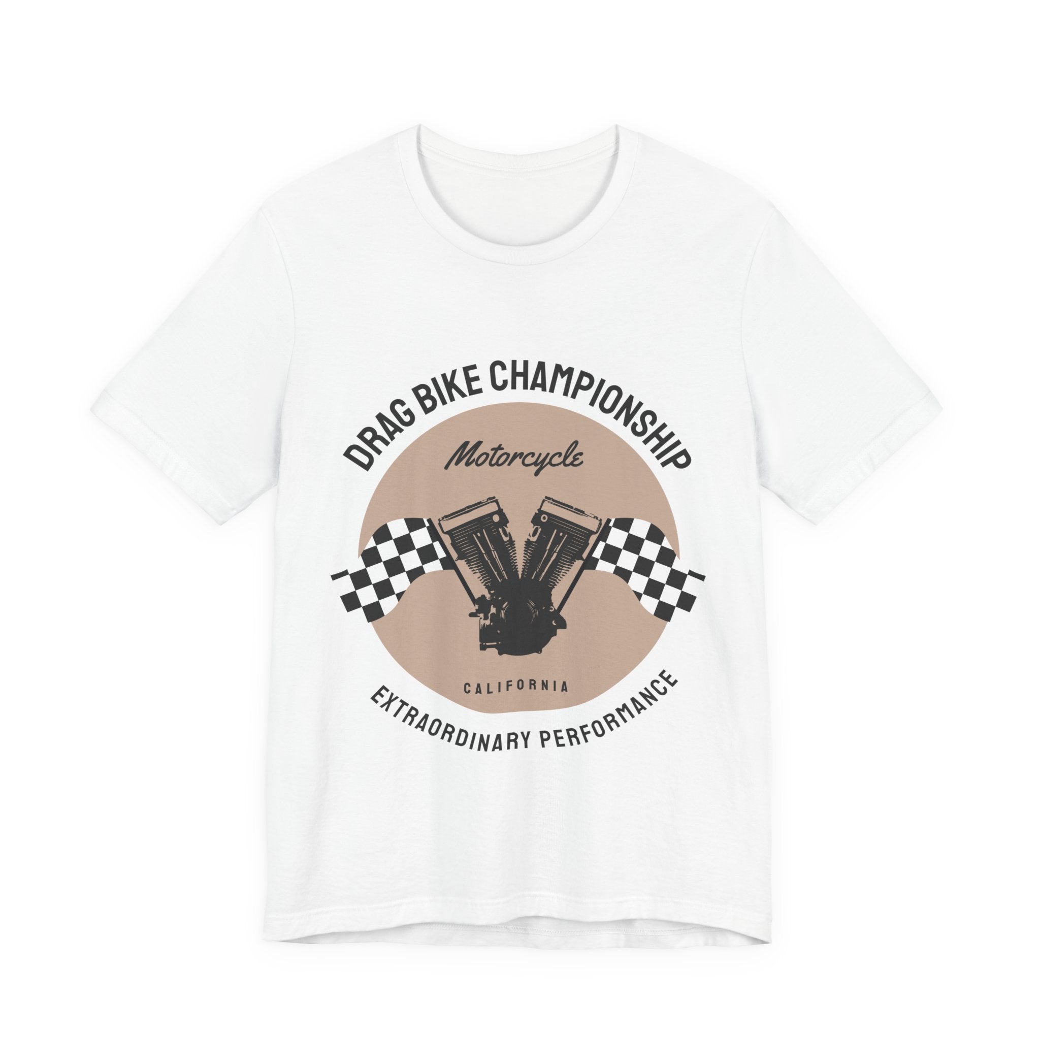 Drag Bike Championship Motorcycle T‑Shirt — Racing V‑Twin Design with Checkered Flags