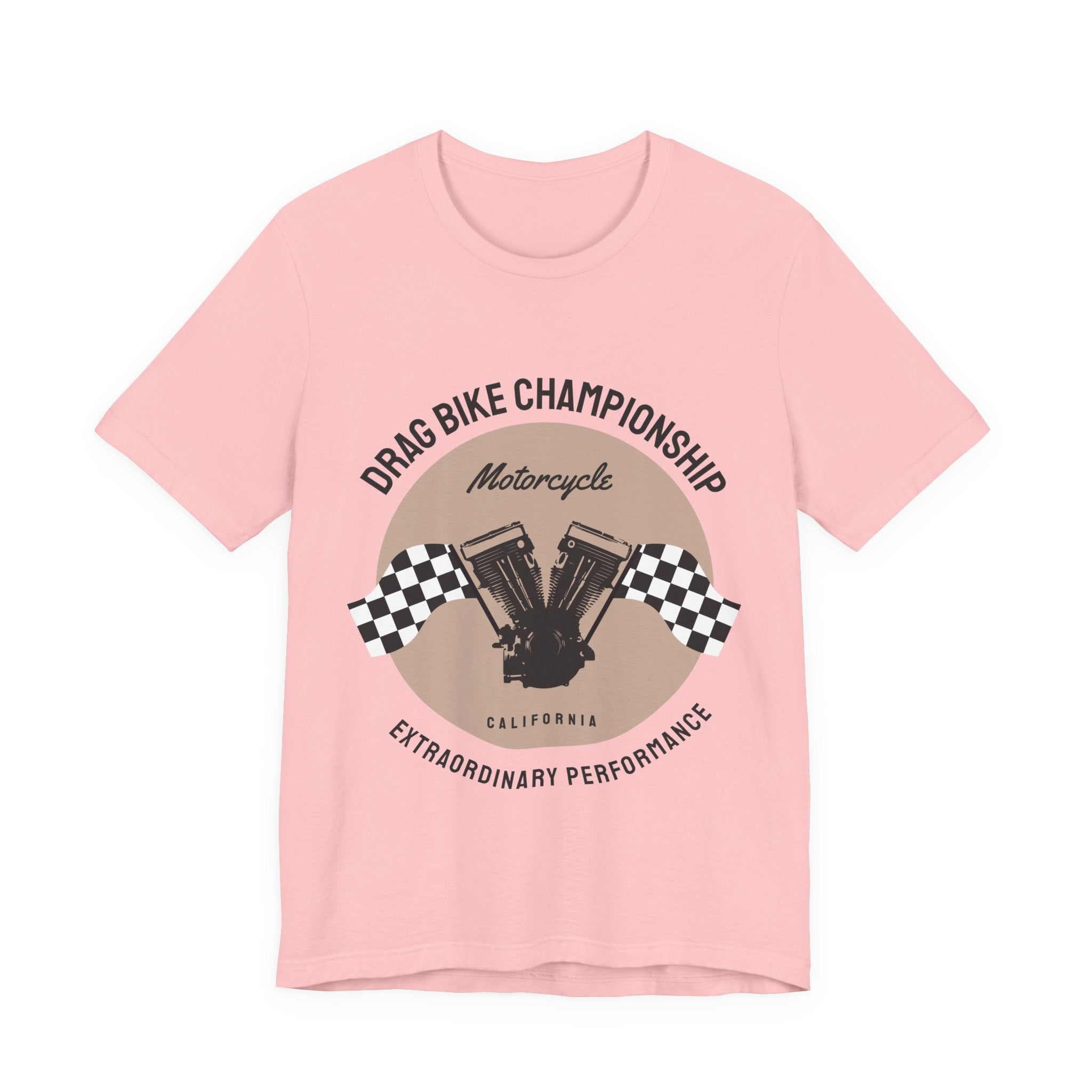 Drag Bike Championship Motorcycle T‑Shirt — Racing V‑Twin Design with Checkered Flags