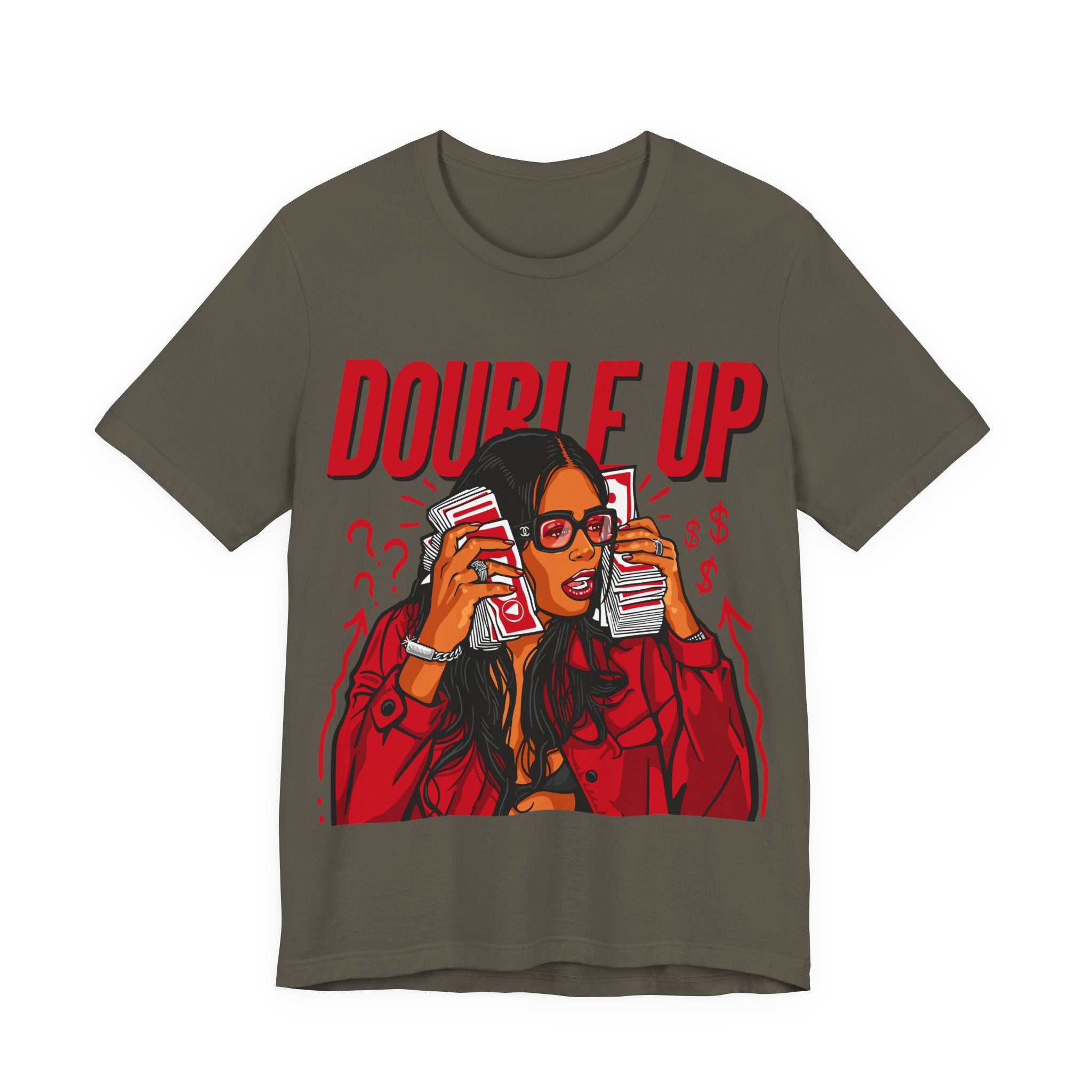 Double Up T-Shirt — Retro Pop Art Woman Holding Cash Graphic Tee