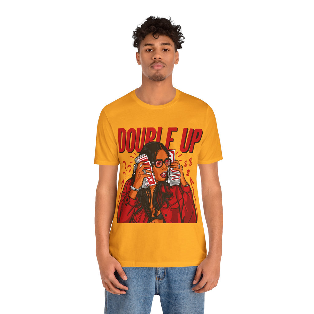 Double Up T-Shirt — Retro Pop Art Woman Holding Cash Graphic Tee