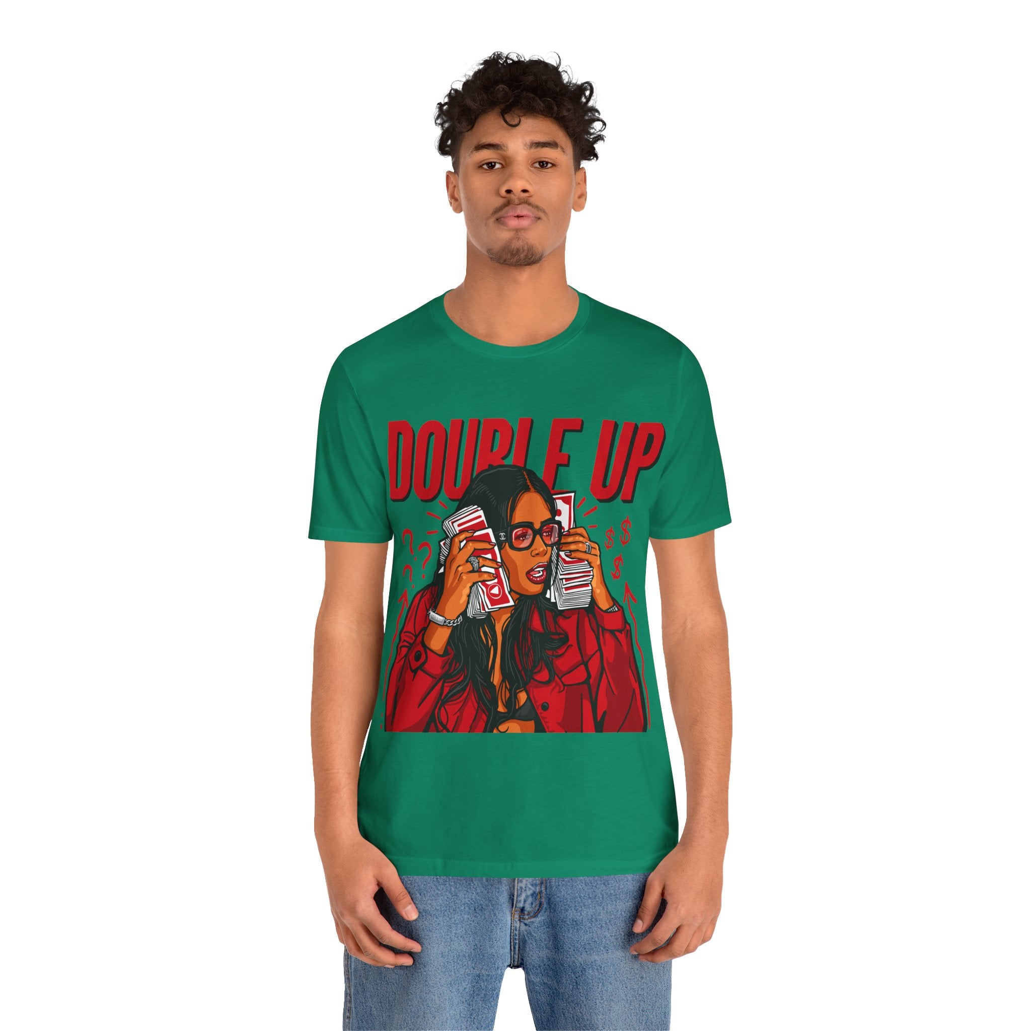 Double Up T-Shirt — Retro Pop Art Woman Holding Cash Graphic Tee