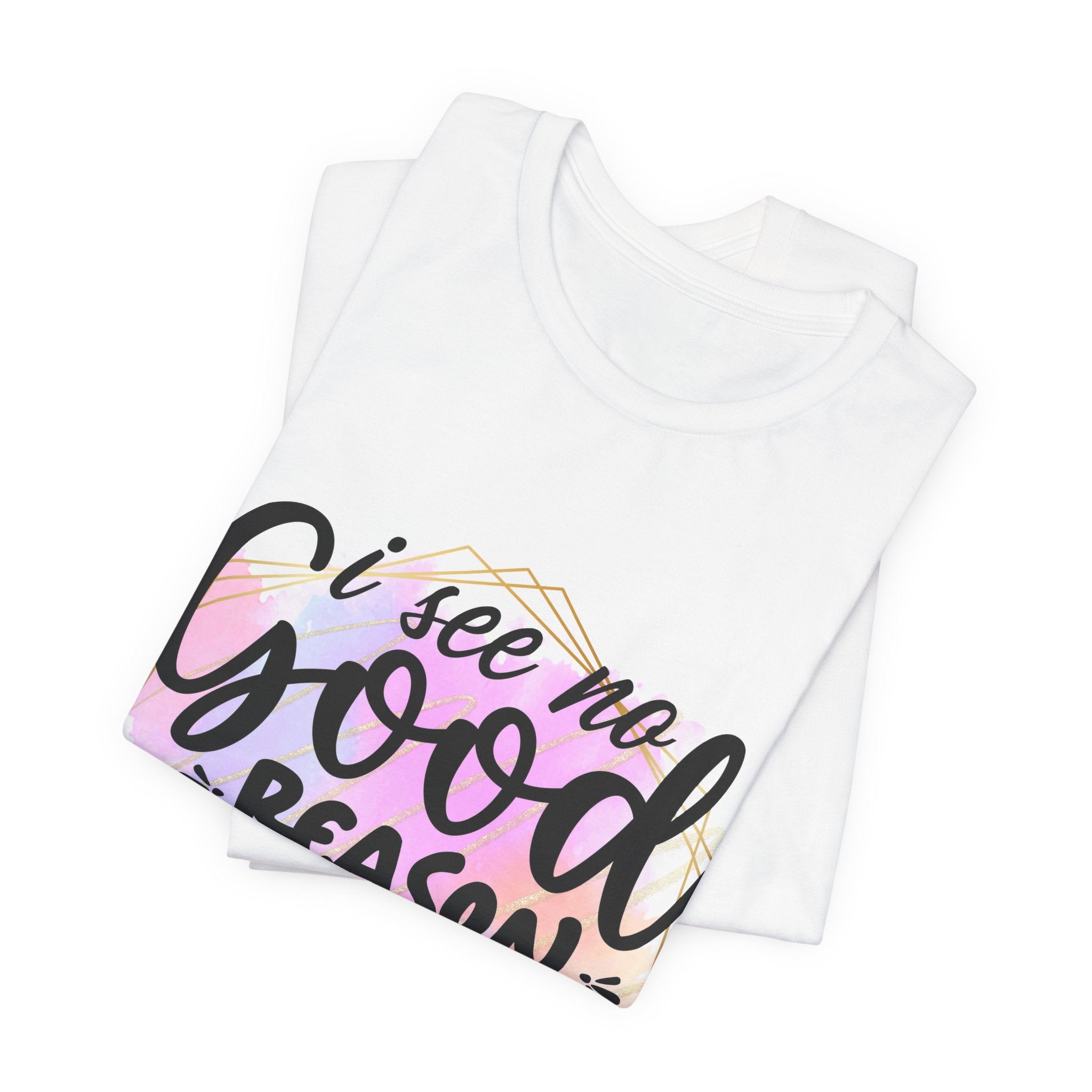 Stack of folded white t-shirts with a colorful text design on a white backgrounds