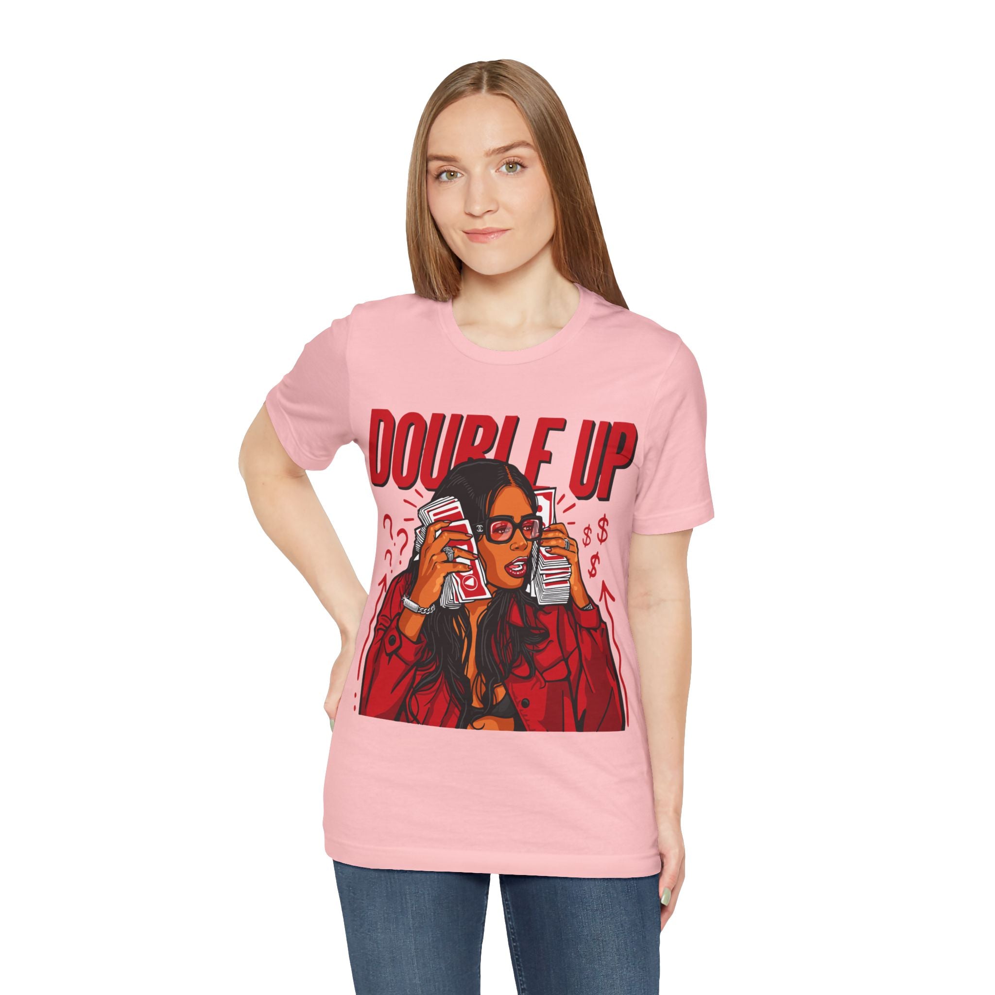 Double Up T-Shirt — Retro Pop Art Woman Holding Cash Graphic Tee