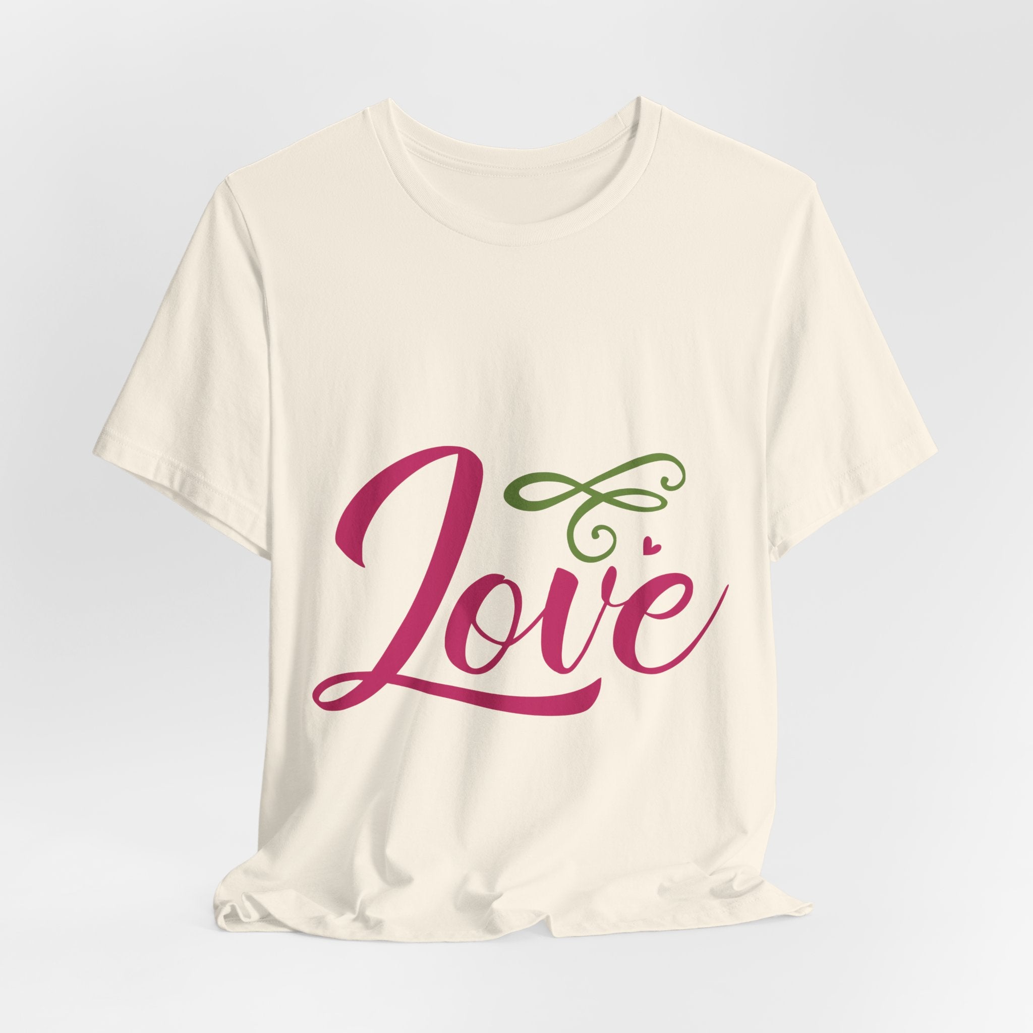Love Script T-Shirt — Pink & Green Heart Graphic Tee for Valentine’s Day