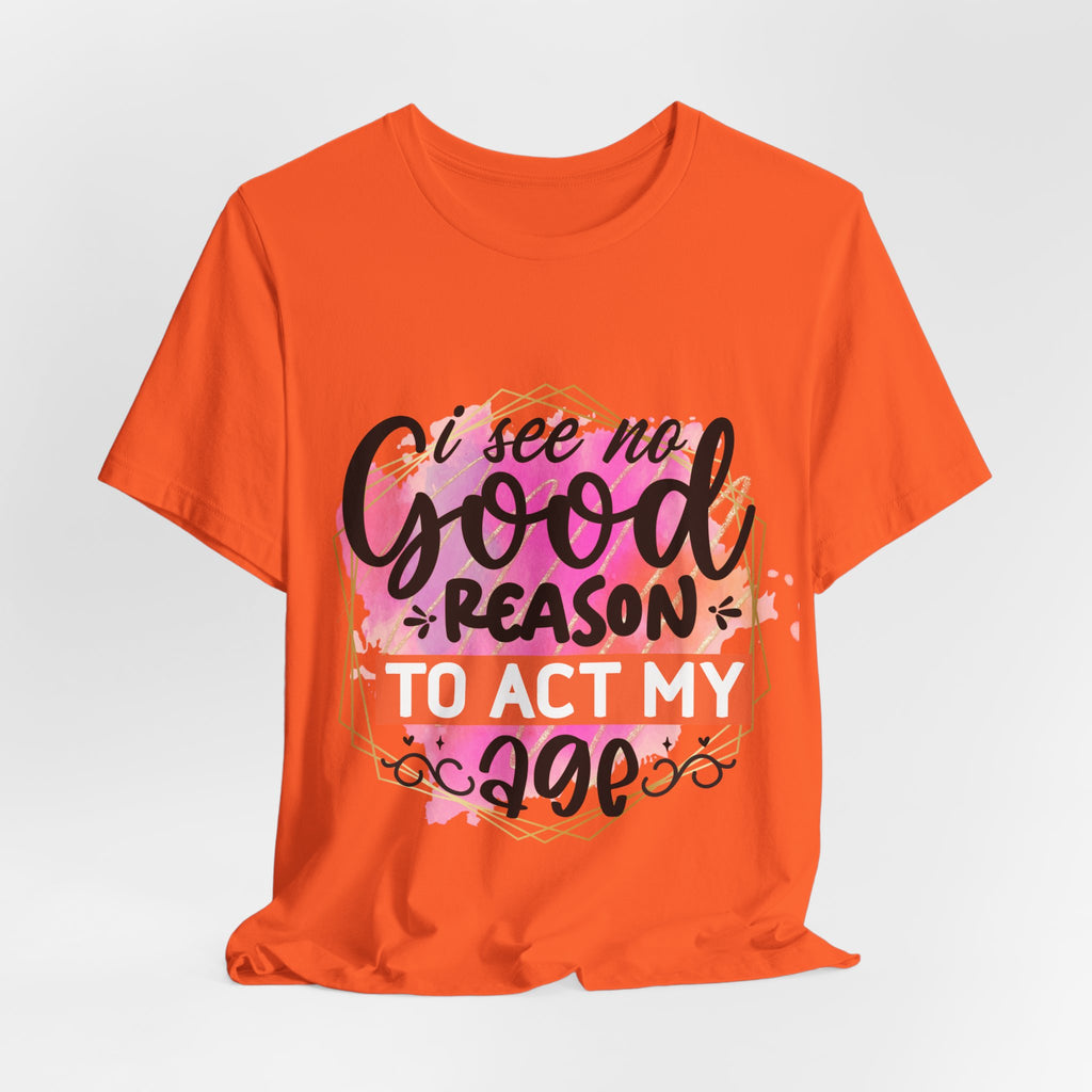 Orange t-shirt with colorful text design on a light gray background